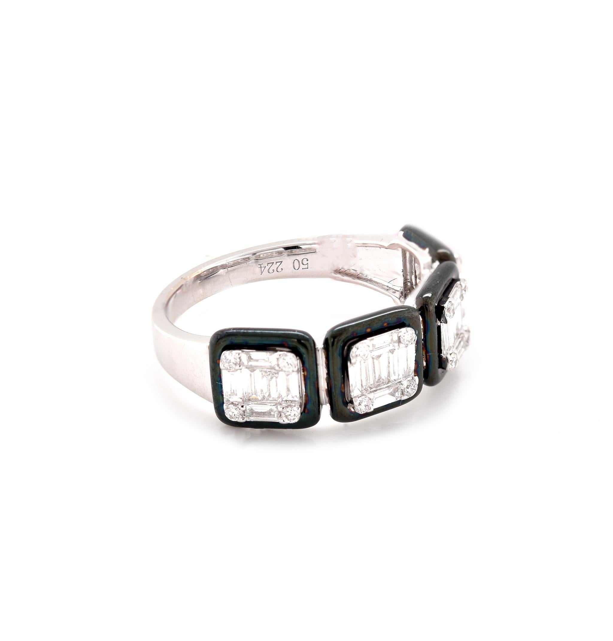 Mixed Cut 18 Karat White Gold Mosaic Set Diamond Ring with Black Onyx