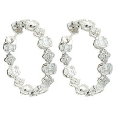 18 Karat White Gold Mosaic Set Multi Shape Diamond Hoop Earrings