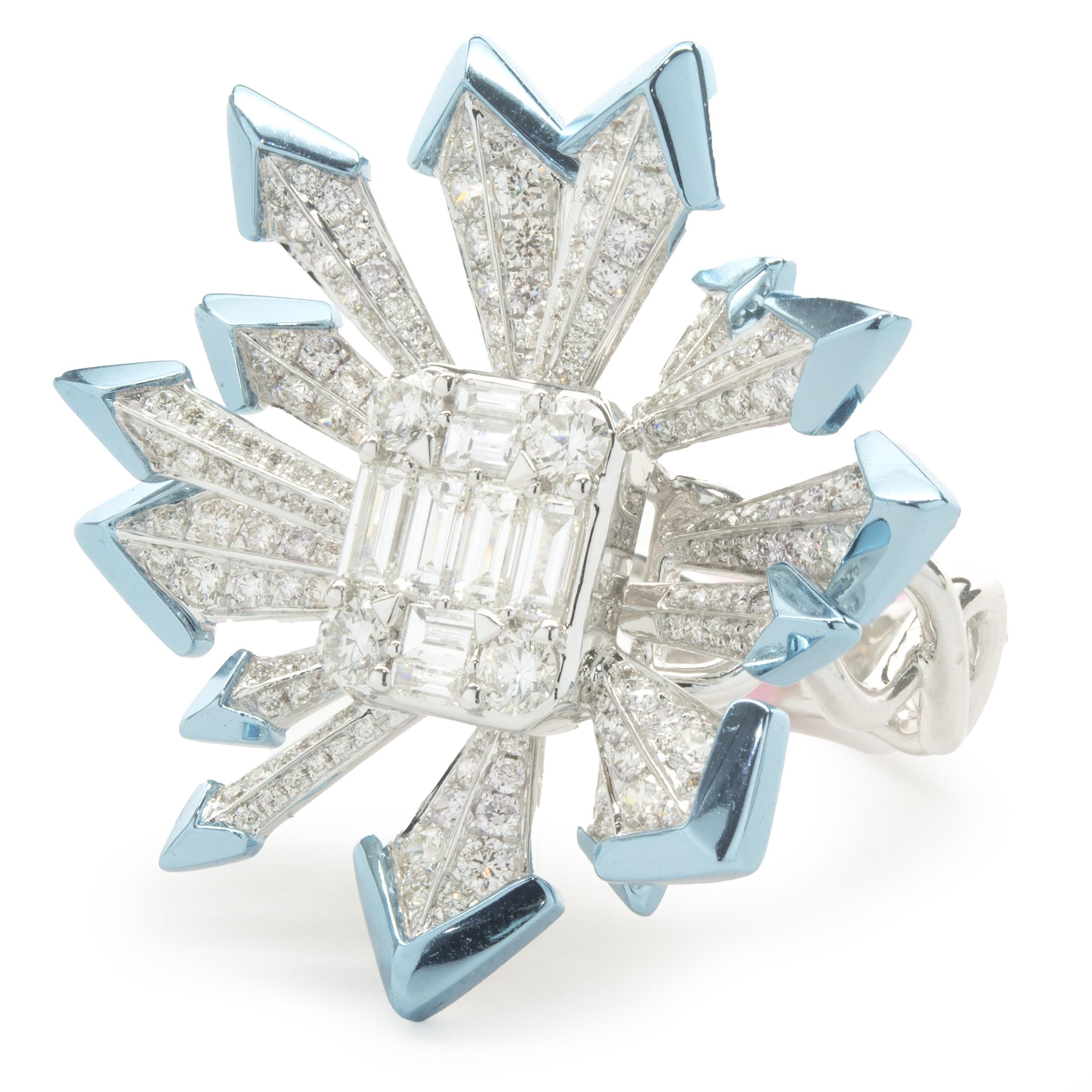 18 Karat White Gold Mosaic Set Pave Diamond Blue Snowflake Ring In Excellent Condition In Scottsdale, AZ
