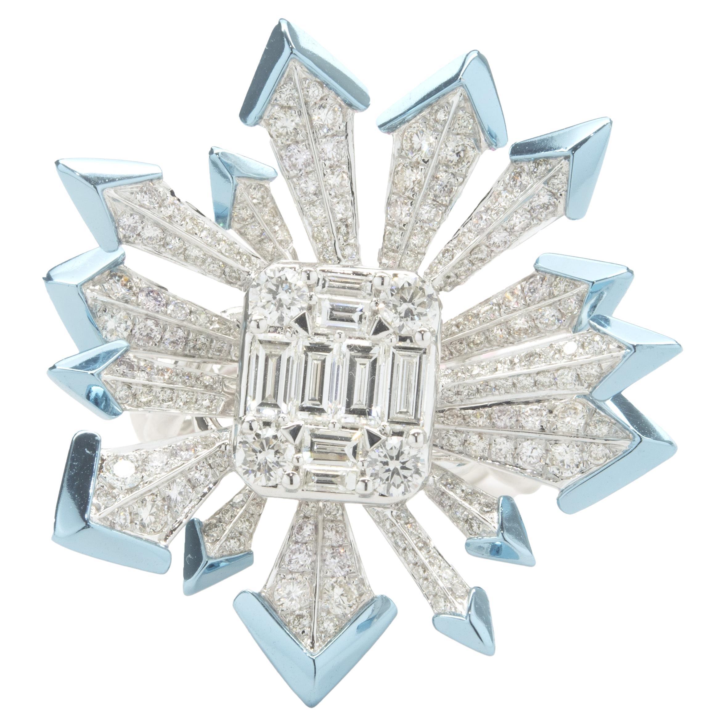 18 Karat White Gold Mosaic Set Pave Diamond Blue Snowflake Ring