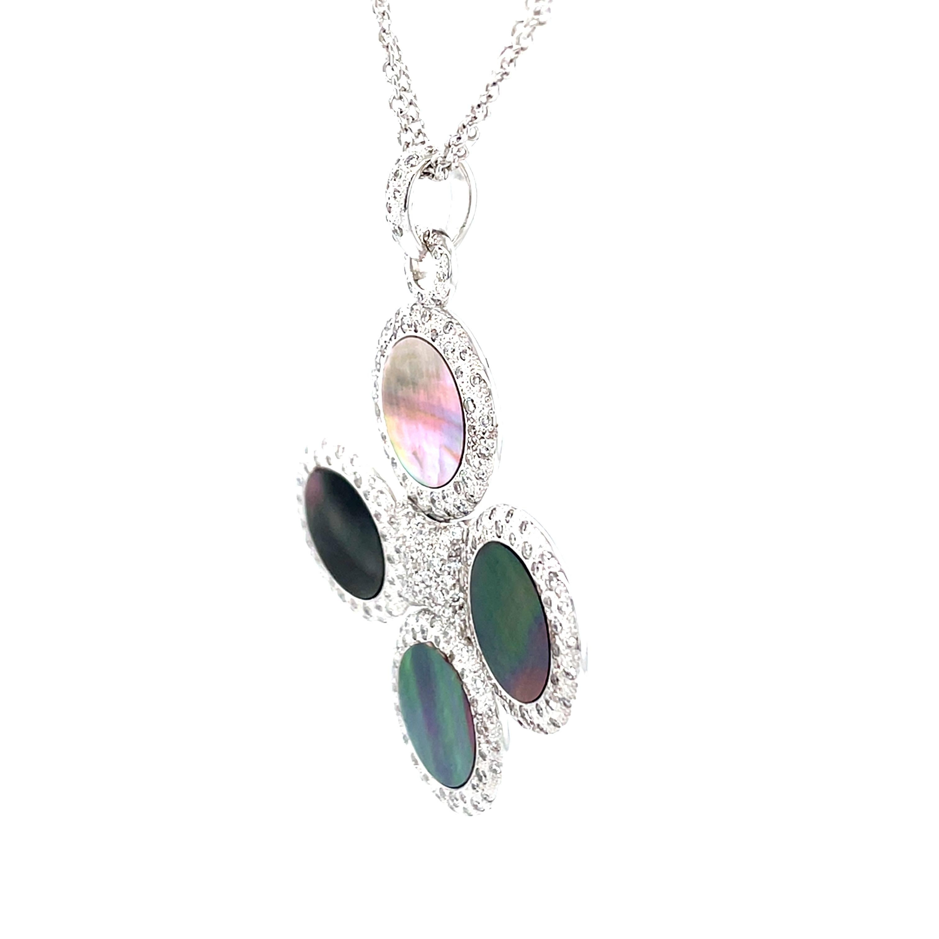 Women's 18 Karat White Gold Mother of Pearl Diamond Double Chain Pendant For Sale