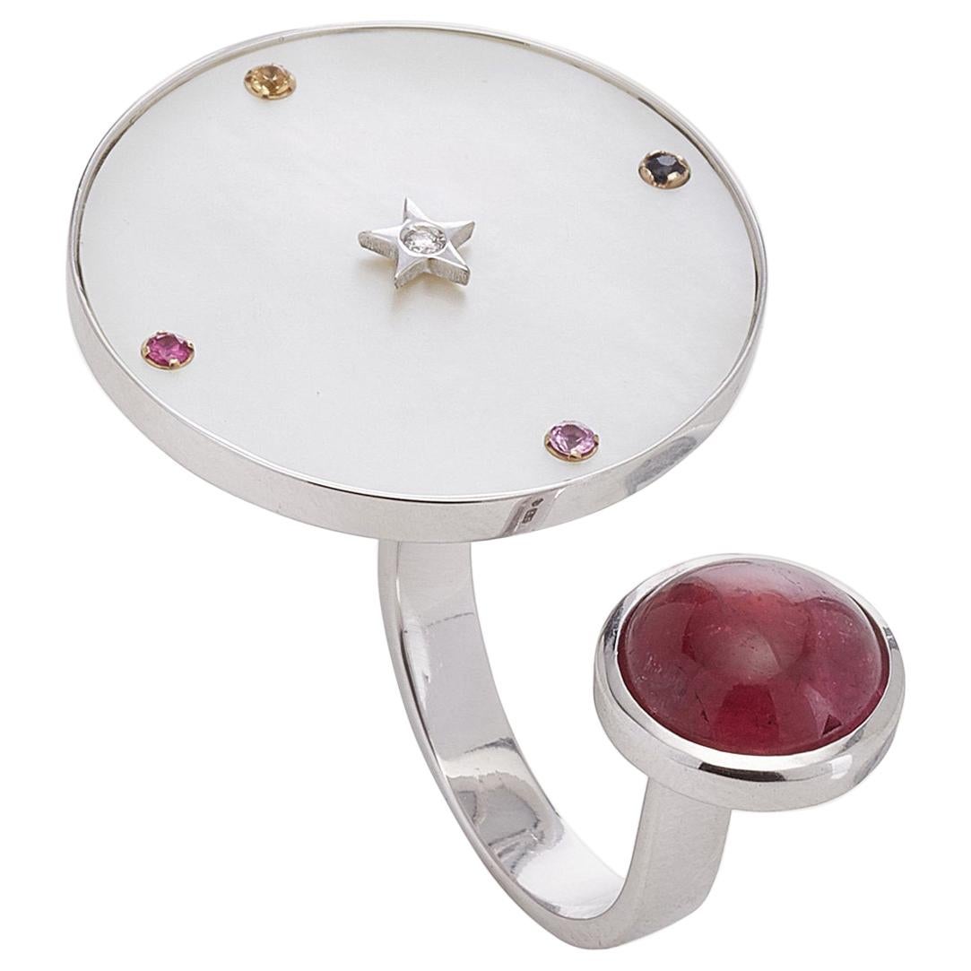 18 Karat White Gold, Mother of Pearl, Pink Tourmaline, Sapphire Cocktail Ring For Sale