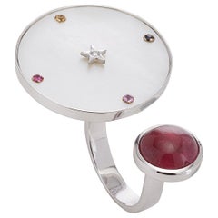 18 Karat White Gold, Mother of Pearl, Pink Tourmaline, Sapphire Cocktail Ring