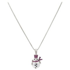 18 Karat White Gold Mother of Pearl Ruby and Diamond Snowman Necklace Pendant