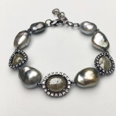 18 Karat White Gold Multi-Color Cultured Pearls and Diamond Bracelet