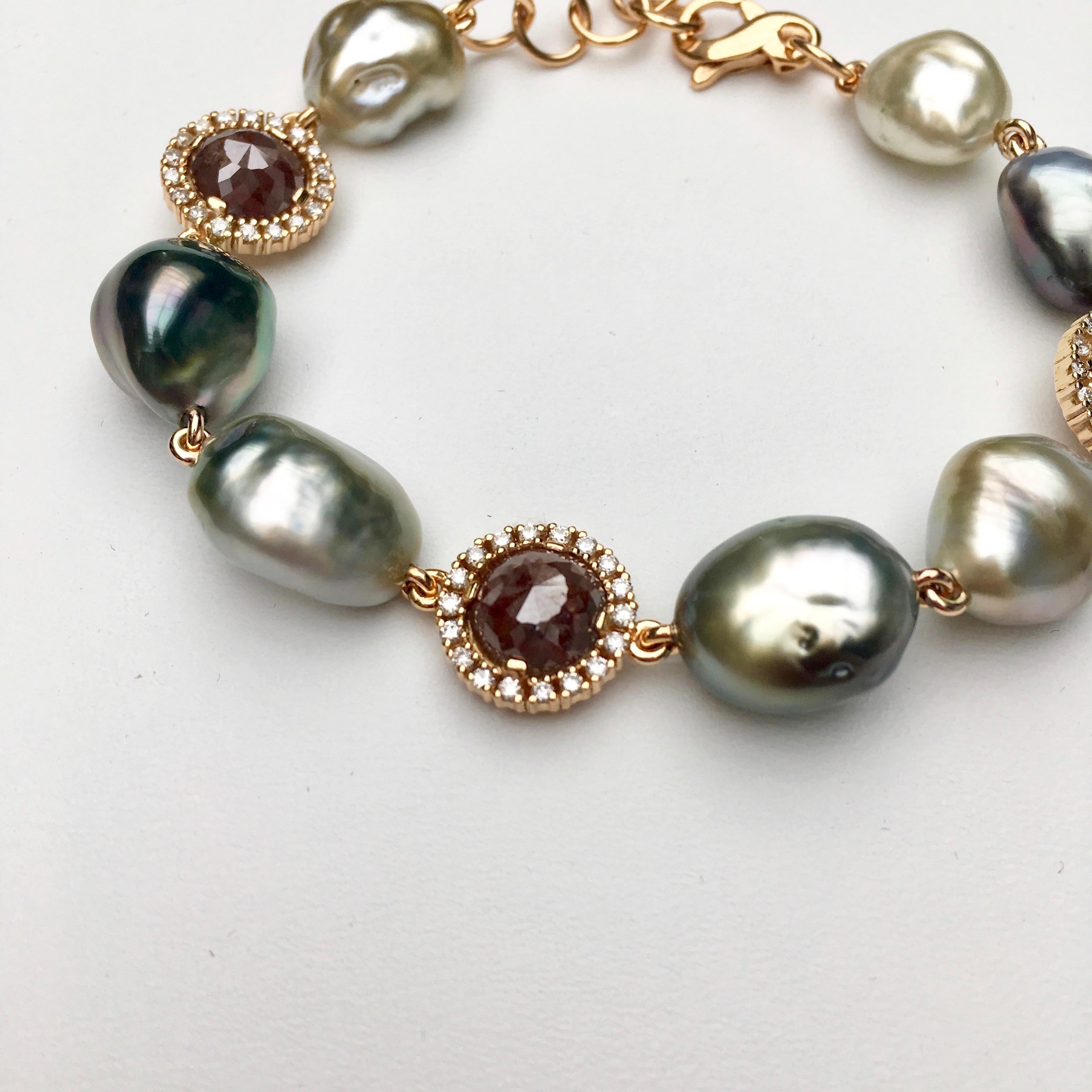 Revival 18 Karat White Gold Multi-Color Cultured Pearls and Diamond Bracelet For Sale