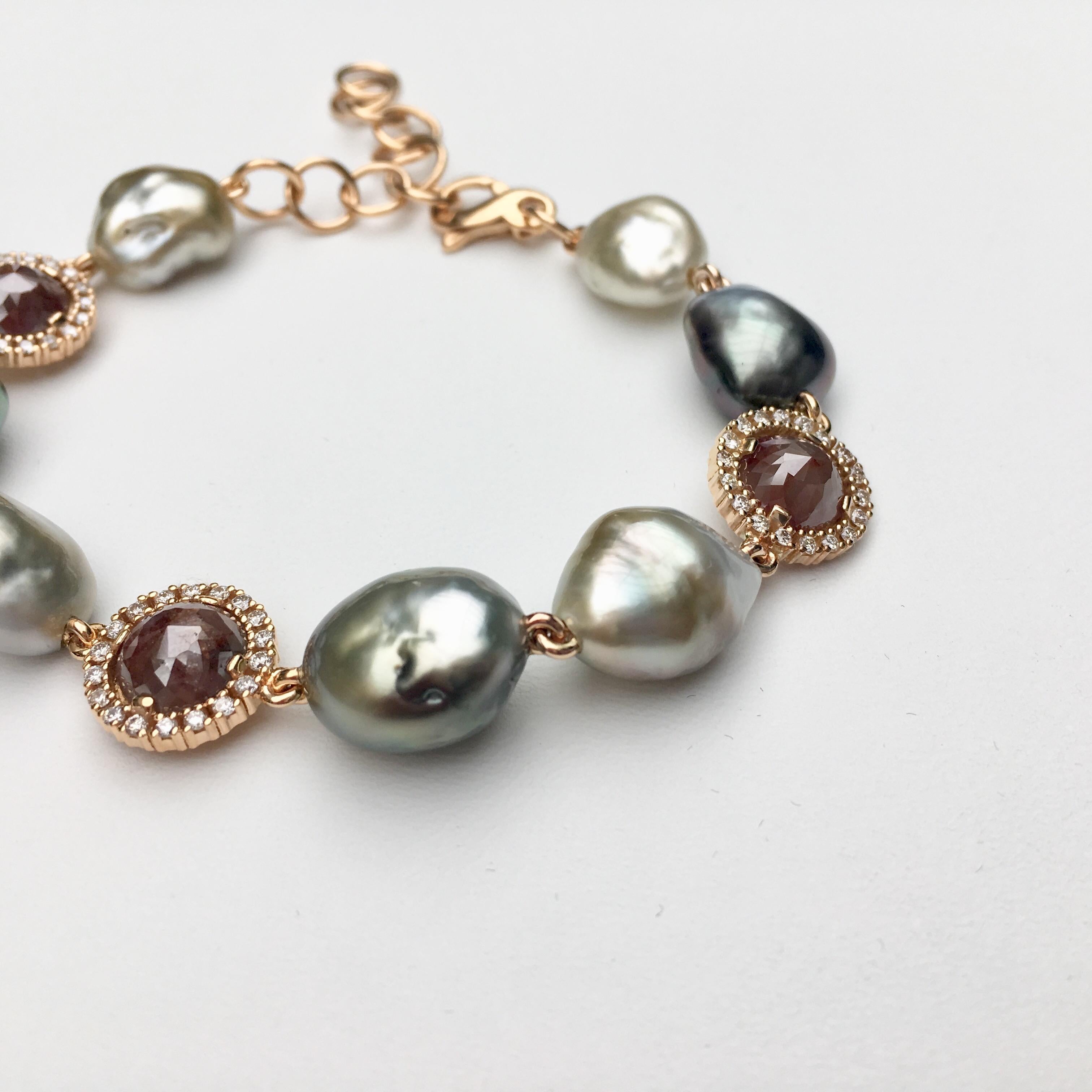 Women's 18 Karat White Gold Multi-Color Cultured Pearls and Diamond Bracelet For Sale
