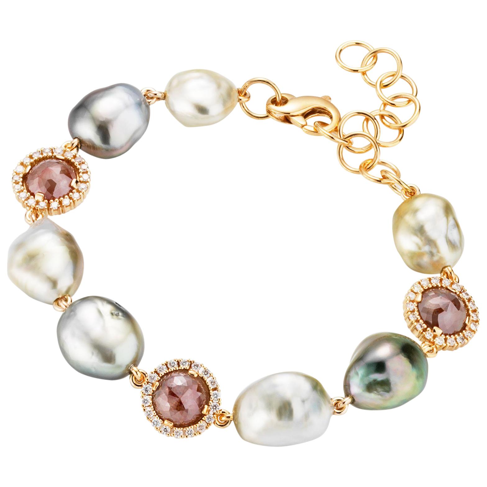 18 Karat White Gold Multi-Color Cultured Pearls and Diamond Bracelet For Sale