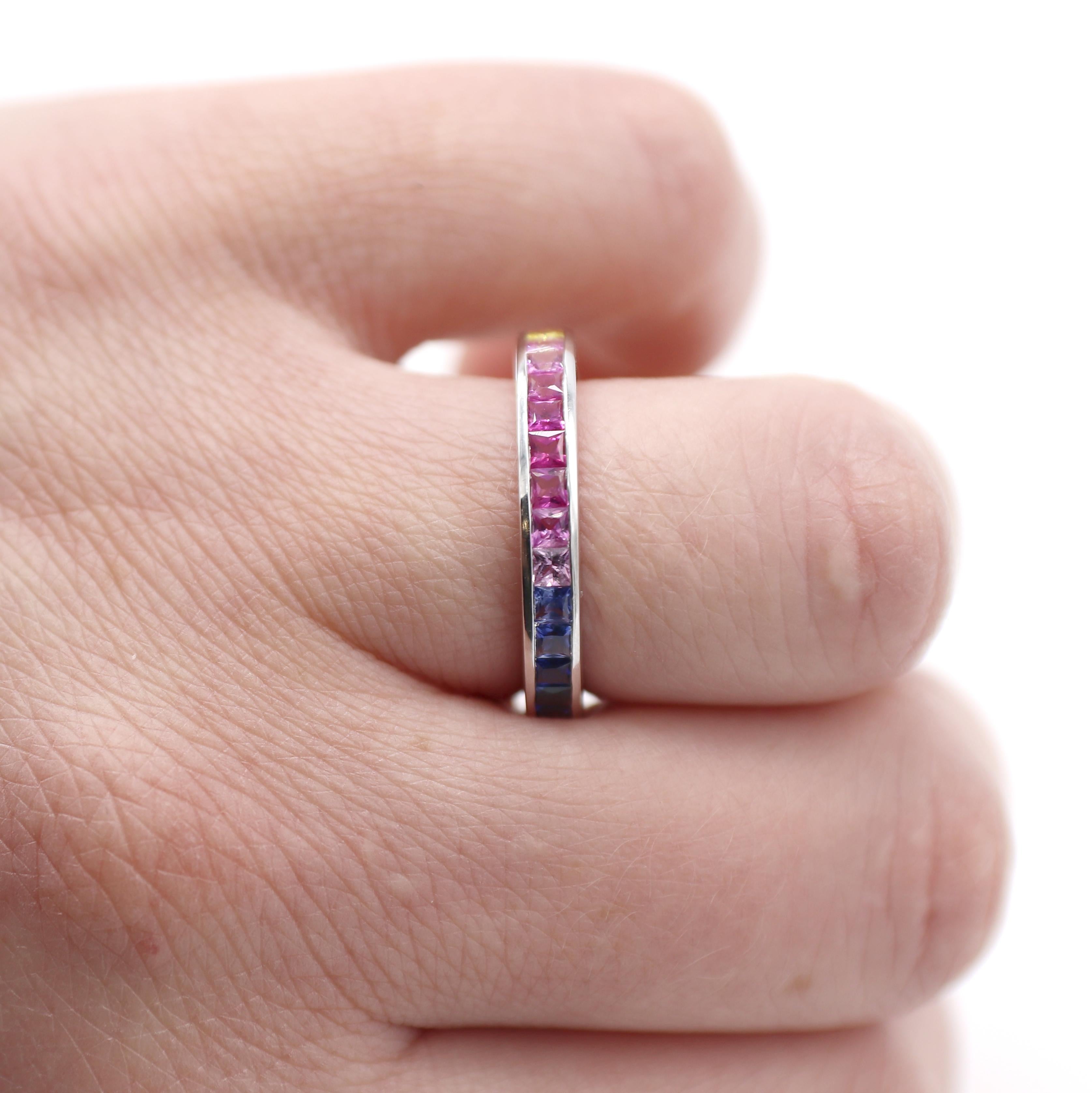 white gold rainbow sapphire ring