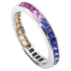 18 Karat White Gold Multi-Color Rainbow Sapphire Channel Set Eternity Band Ring 