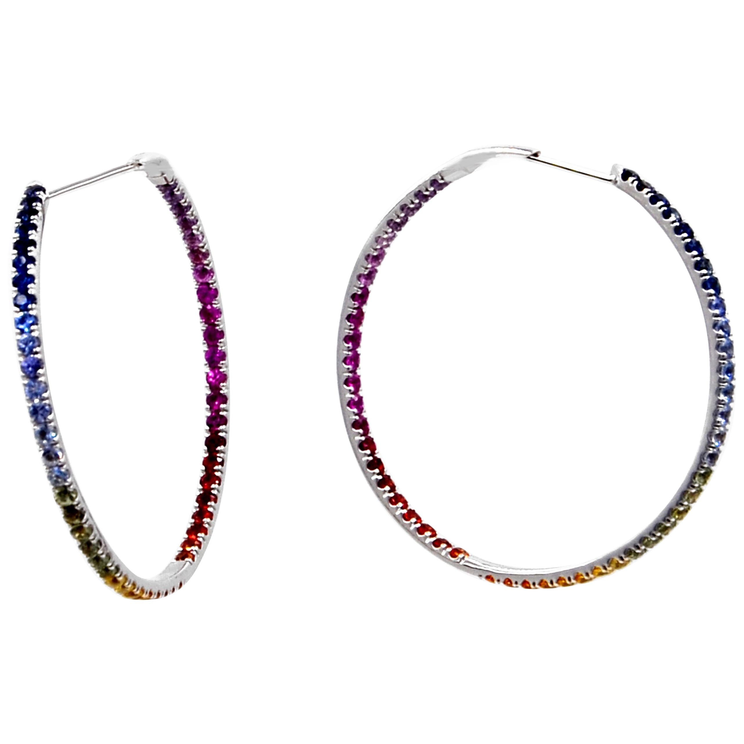 18 Karat White Gold Multi-Color Sapphires Garavelli Large Hoop Earrings