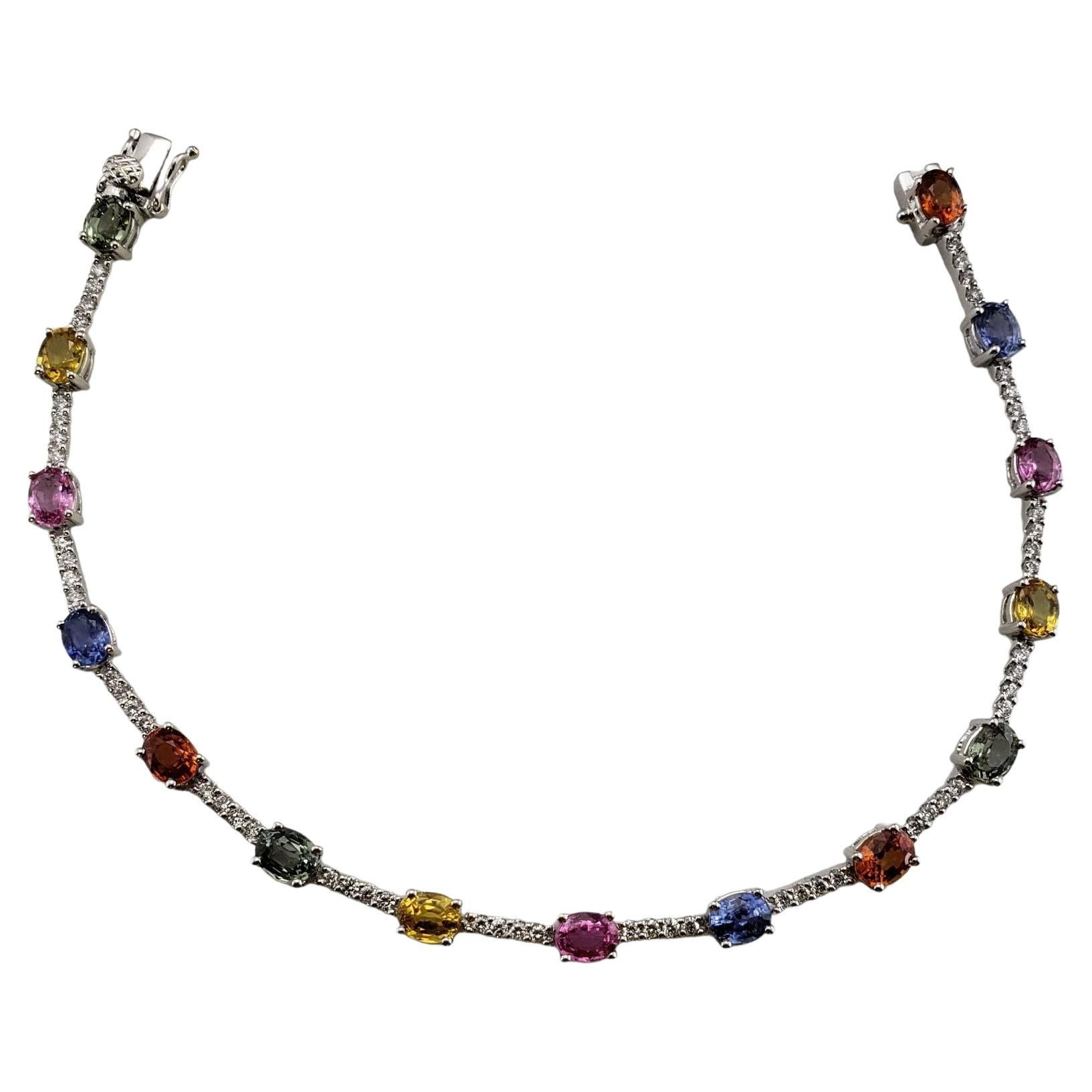 18 Karat White Gold Multi Colored Natural Sapphire and Diamond Link Bracelet For Sale