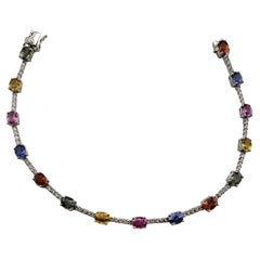 18 Karat White Gold Multi Colored Natural Sapphire and Diamond Link Bracelet