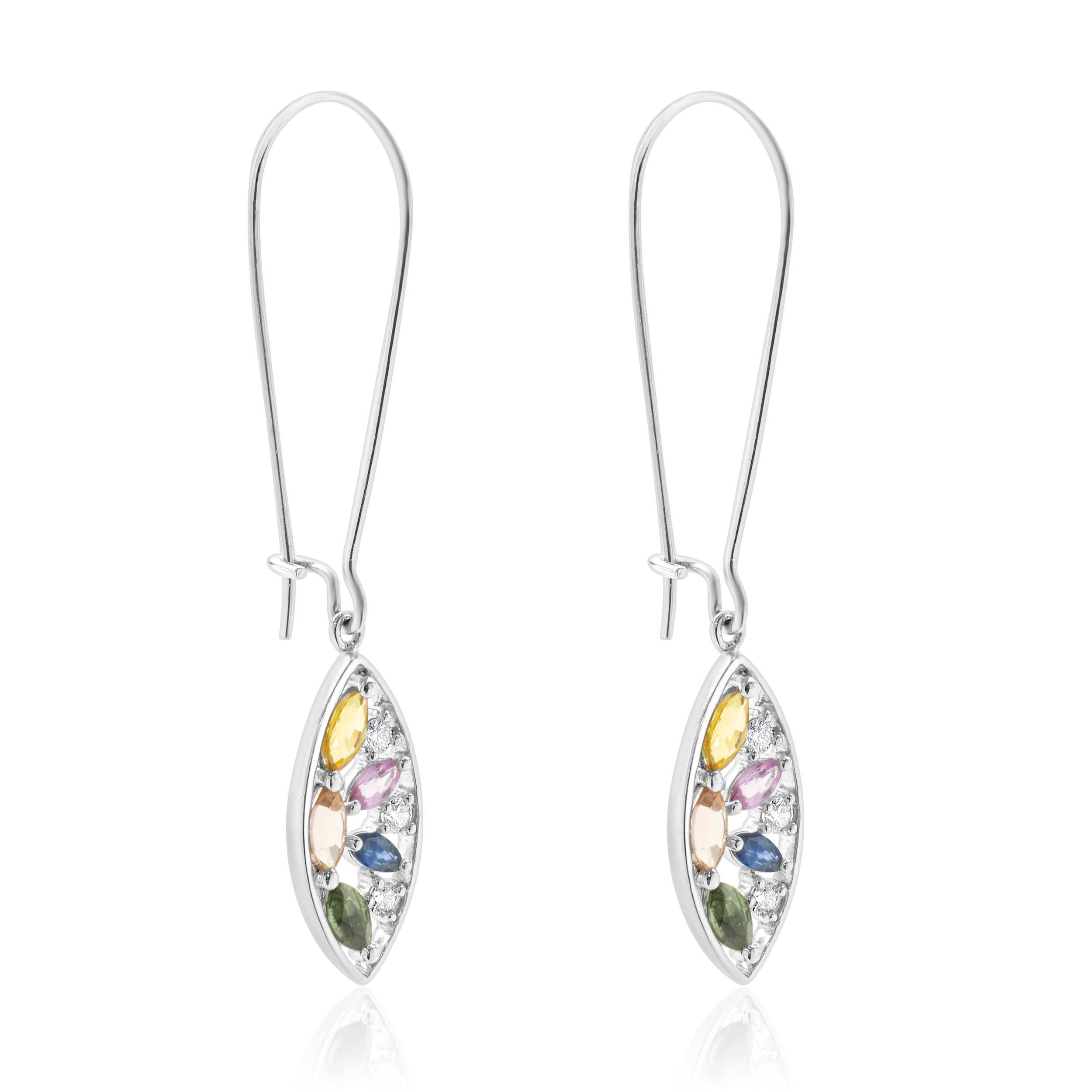 Round Cut 18 Karat White Gold Multi Colored Sapphire and Diamond Cutout Leaf Drop Earrings For Sale