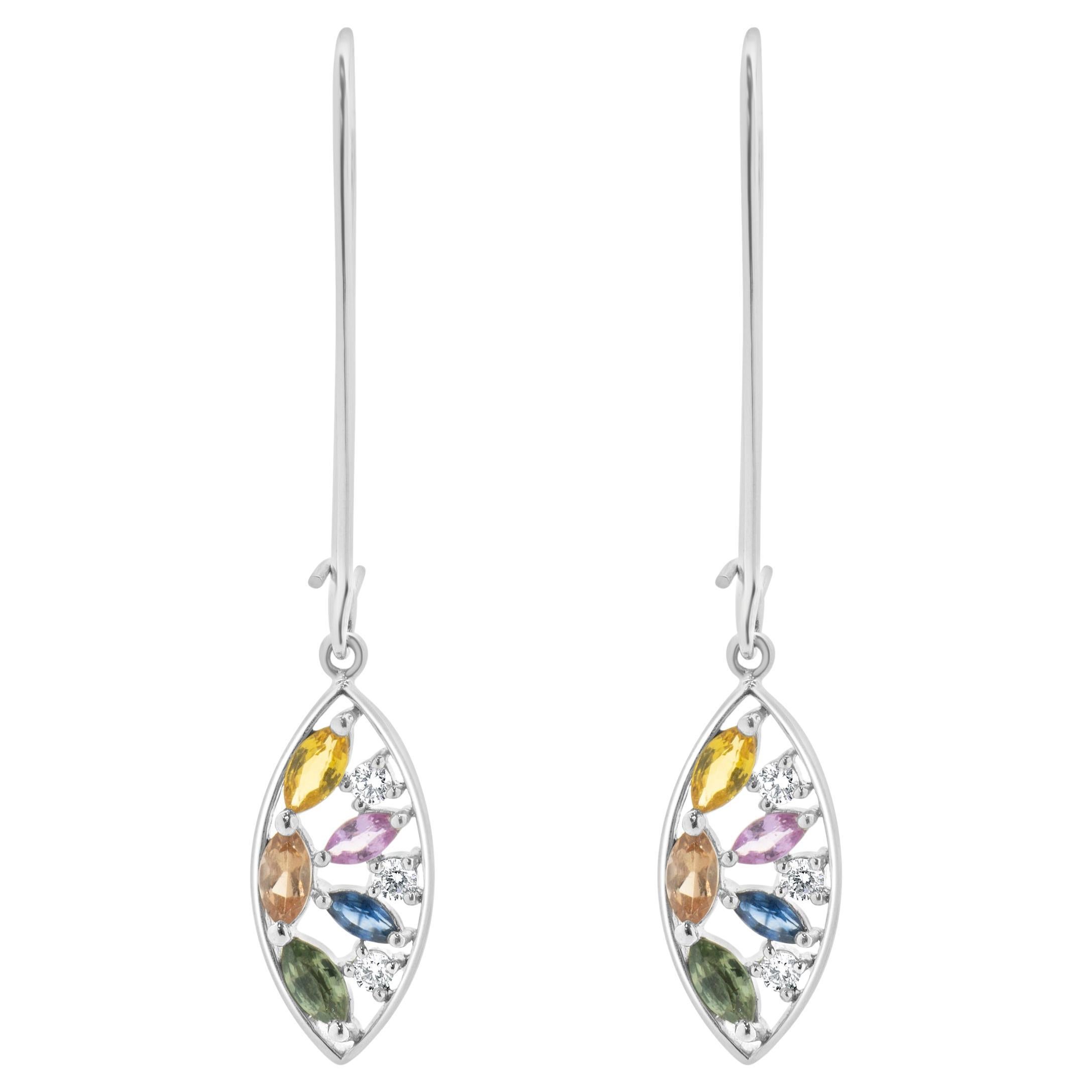 Boucles d'oreilles pendantes feuilles en or blanc 18 carats avec saphirs multicolores et diamants découpés