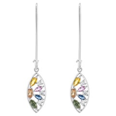 Boucles d'oreilles pendantes feuilles en or blanc 18 carats avec saphirs multicolores et diamants découpés