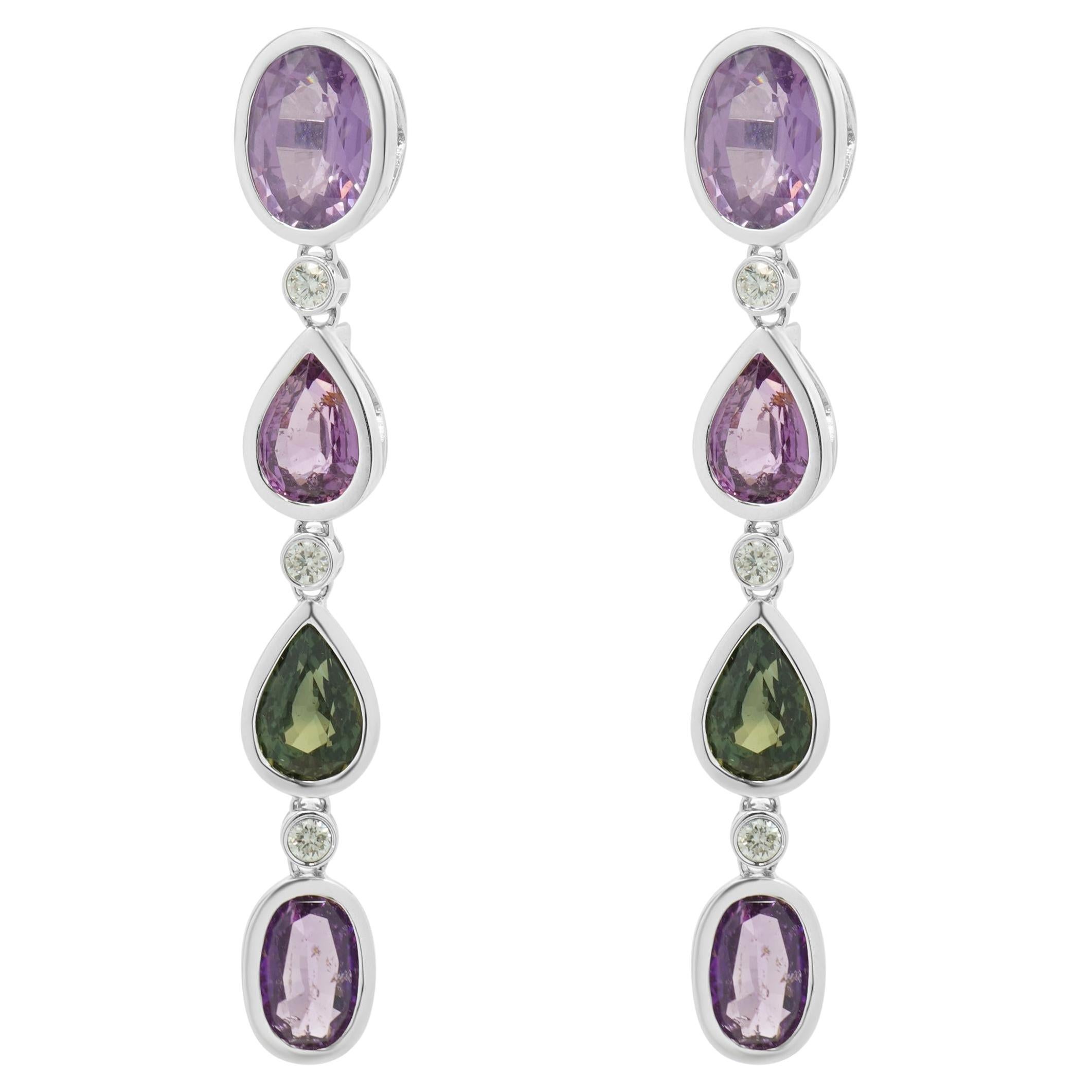 18 Karat White Gold Multi Colored Sapphire and Diamond Drop Earrings