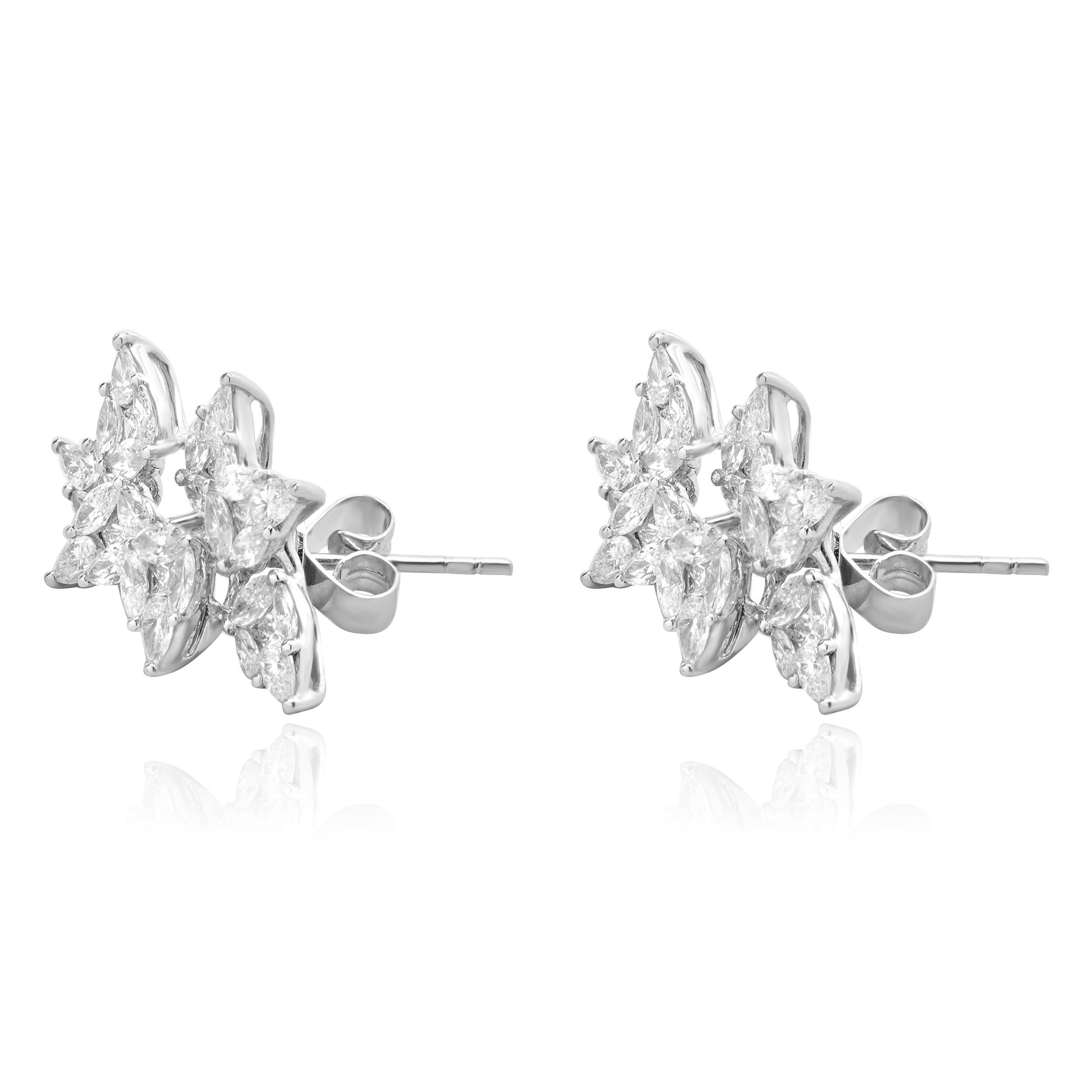 Designer: custom design
Material: 18K white gold
Diamonds: marquise, princess, and pear cut = 3.35cttw
Color: G 
Clarity: VS2
Dimensions: earrings measure 20mm long
Weight: 6.37 grams
