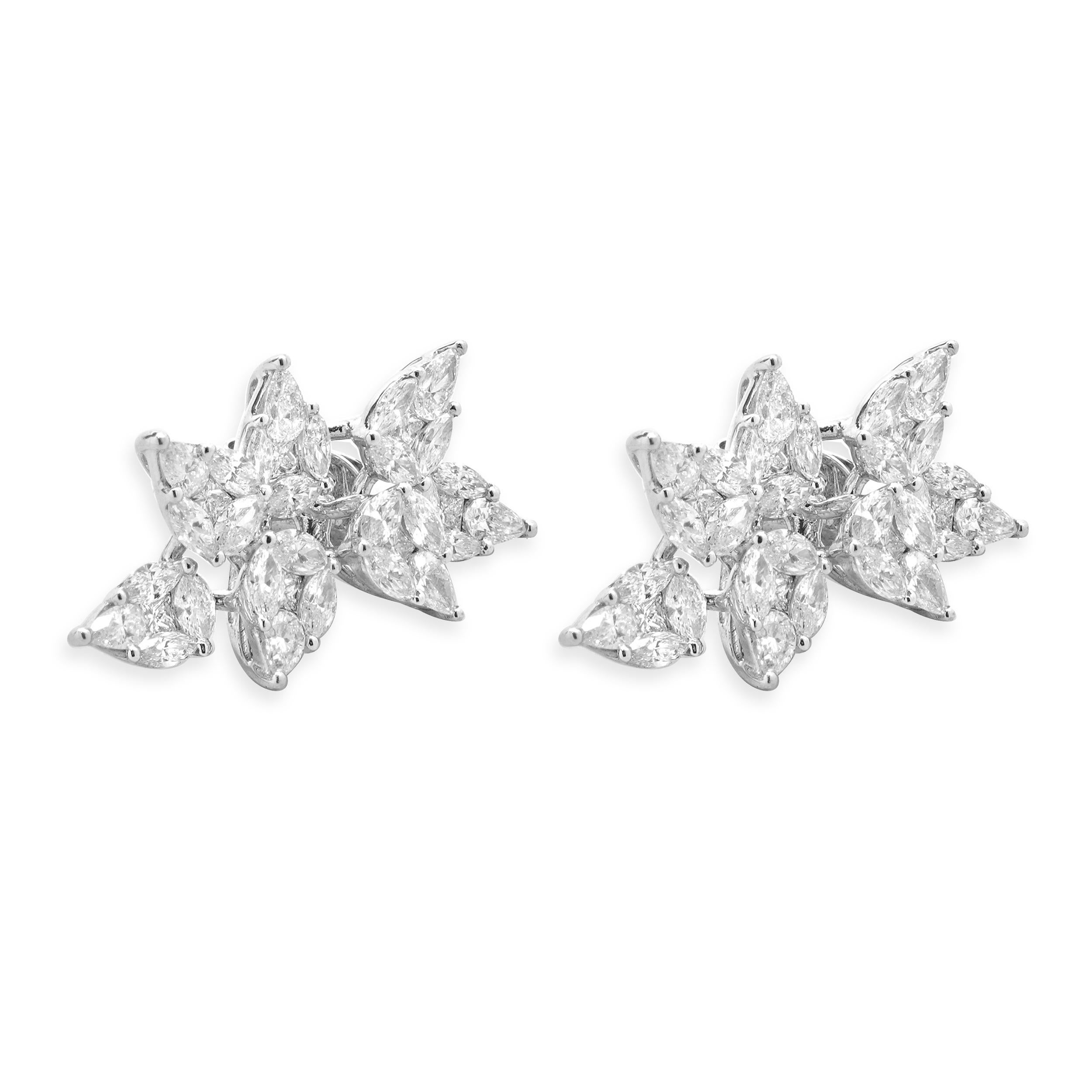 Marquise Cut 18 Karat White Gold Multi Cut Diamond Floral Spray Earrings For Sale