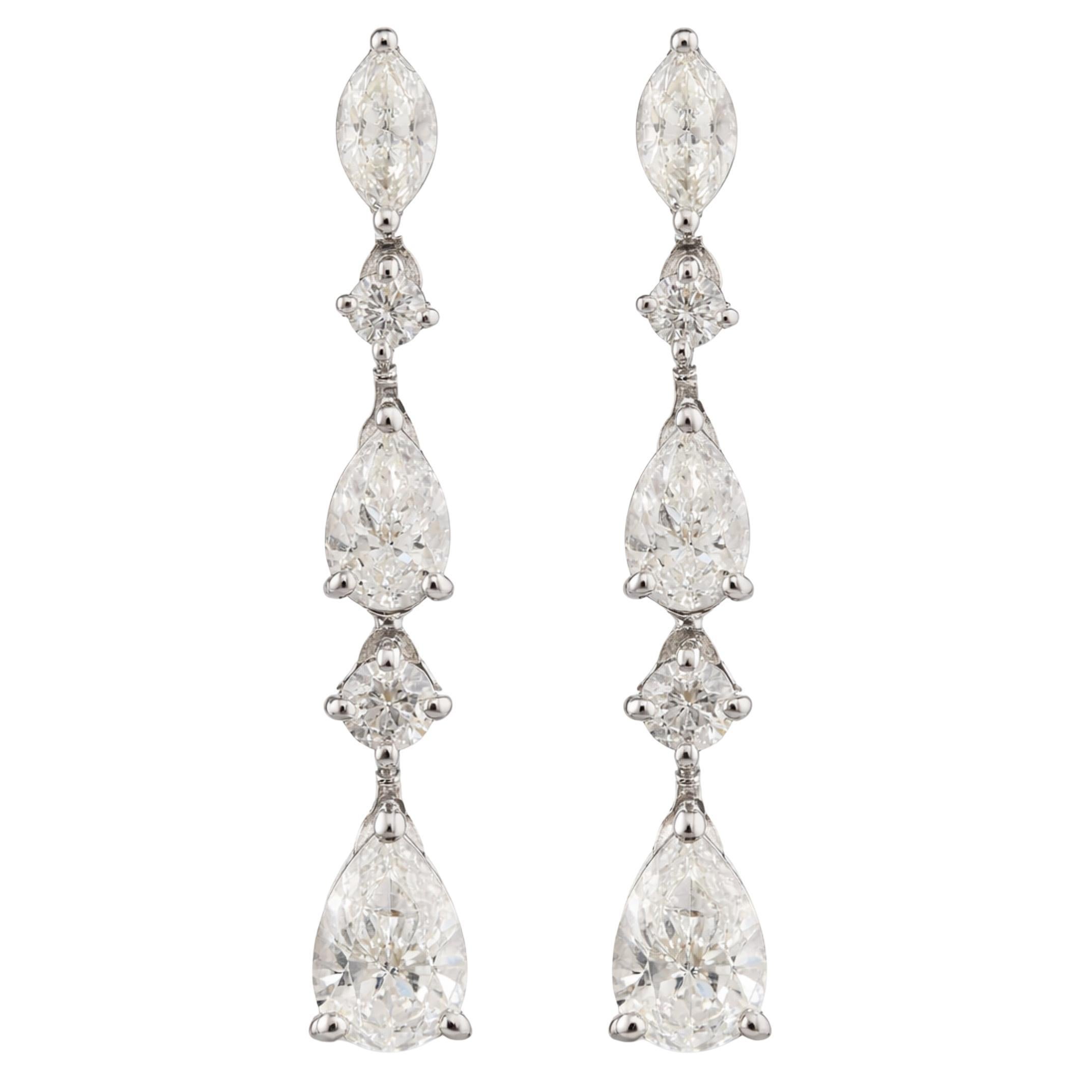 Graduated Pear and Marquise Diamond Drop Earrings in 18K White Gold 1.32 Carats