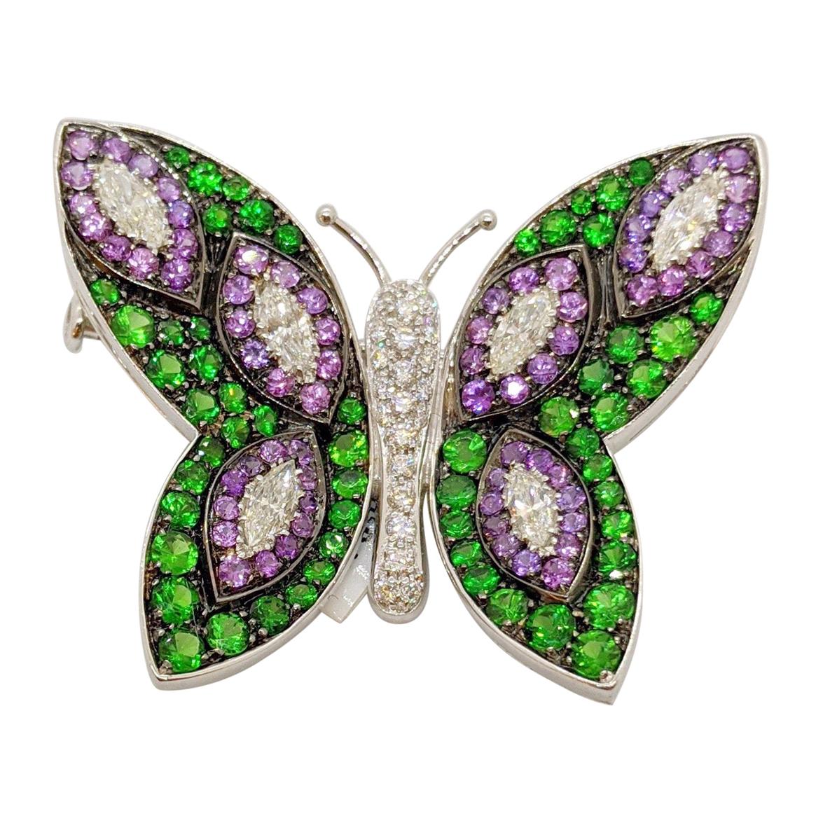 18 Karat White Gold Multi-Gem and Diamonds Butterfly Brooch