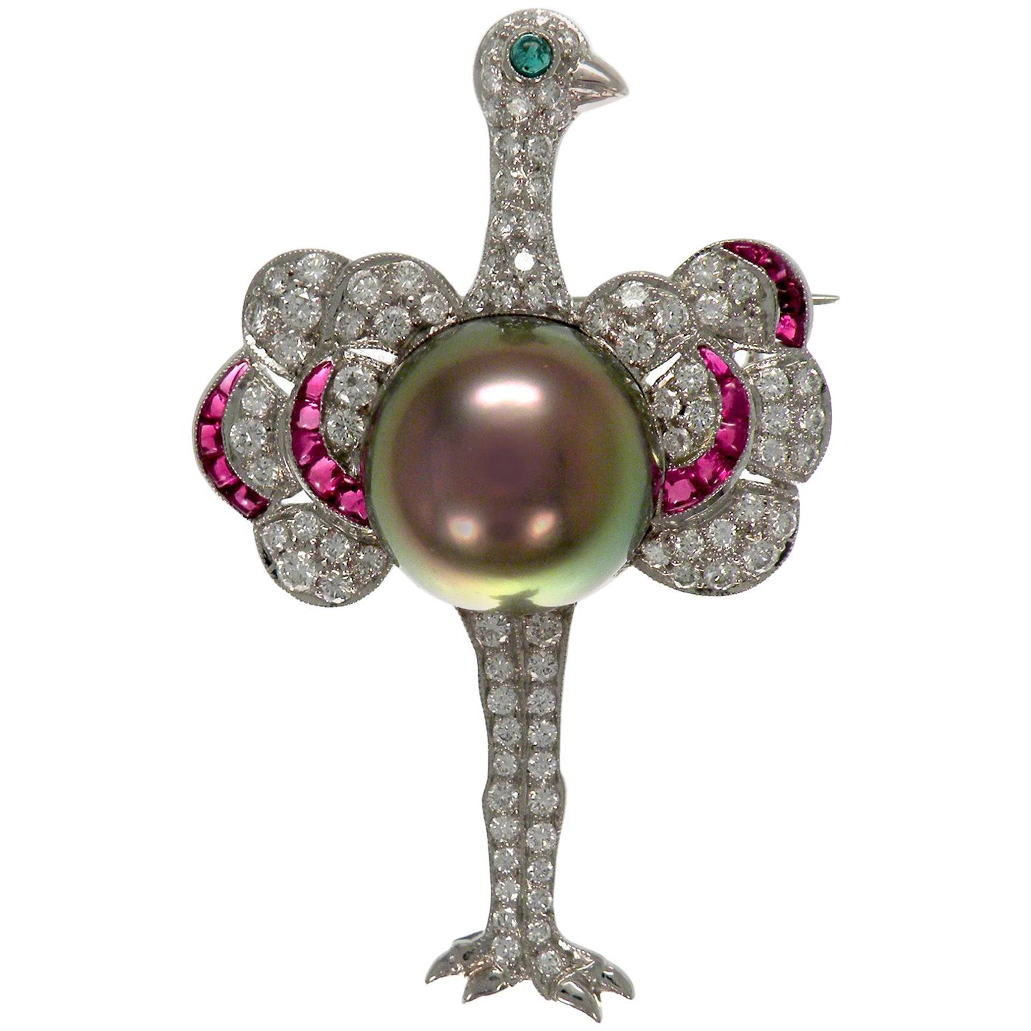 18 Karat White Gold Multi Gem Diamond with Pearl in Center Ostrich Brooch For Sale