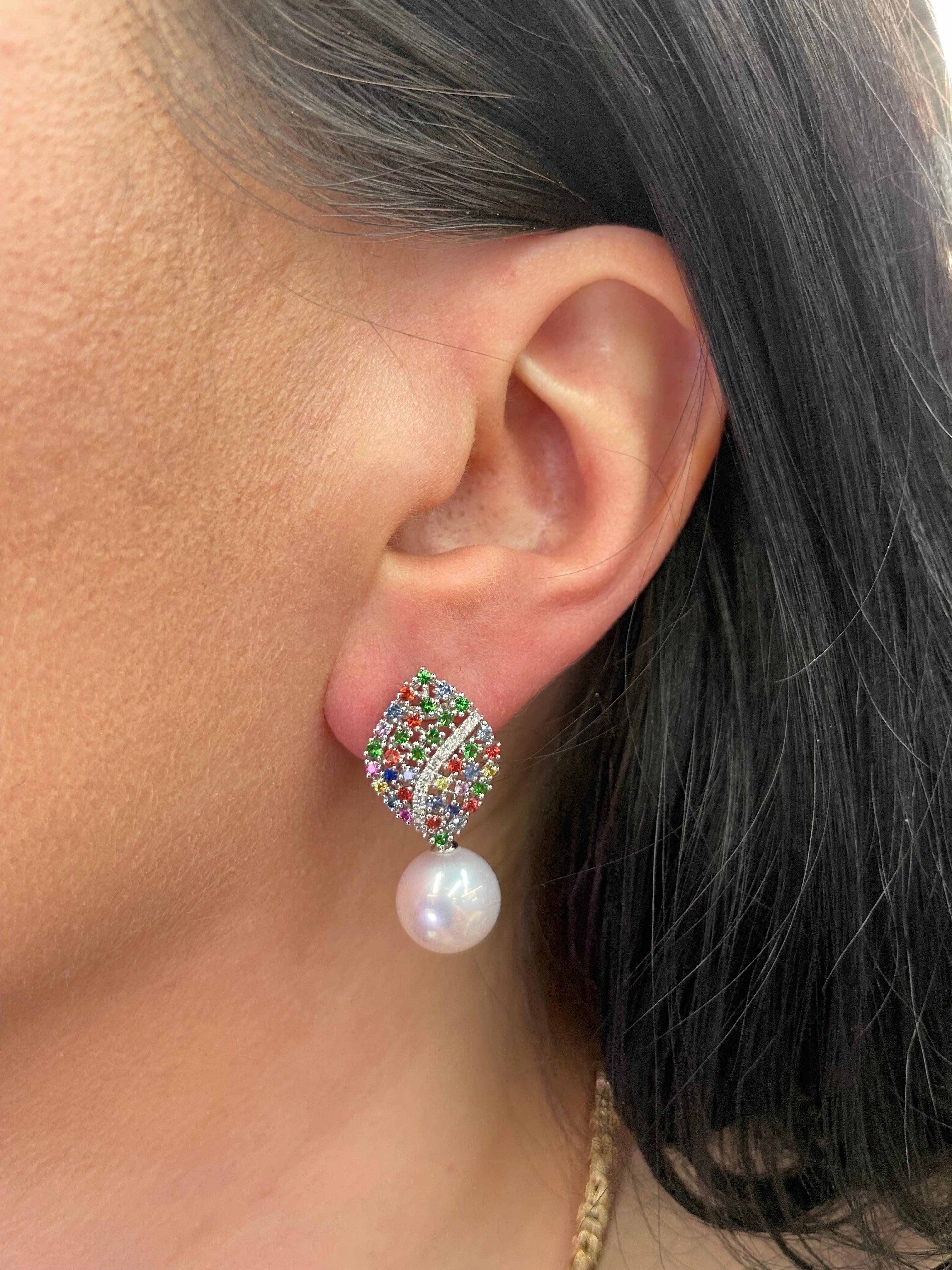 Women's 18 Karat White Gold Multi Sapphire Freshwater Diamond Drop Earrings 1.32 Carats For Sale