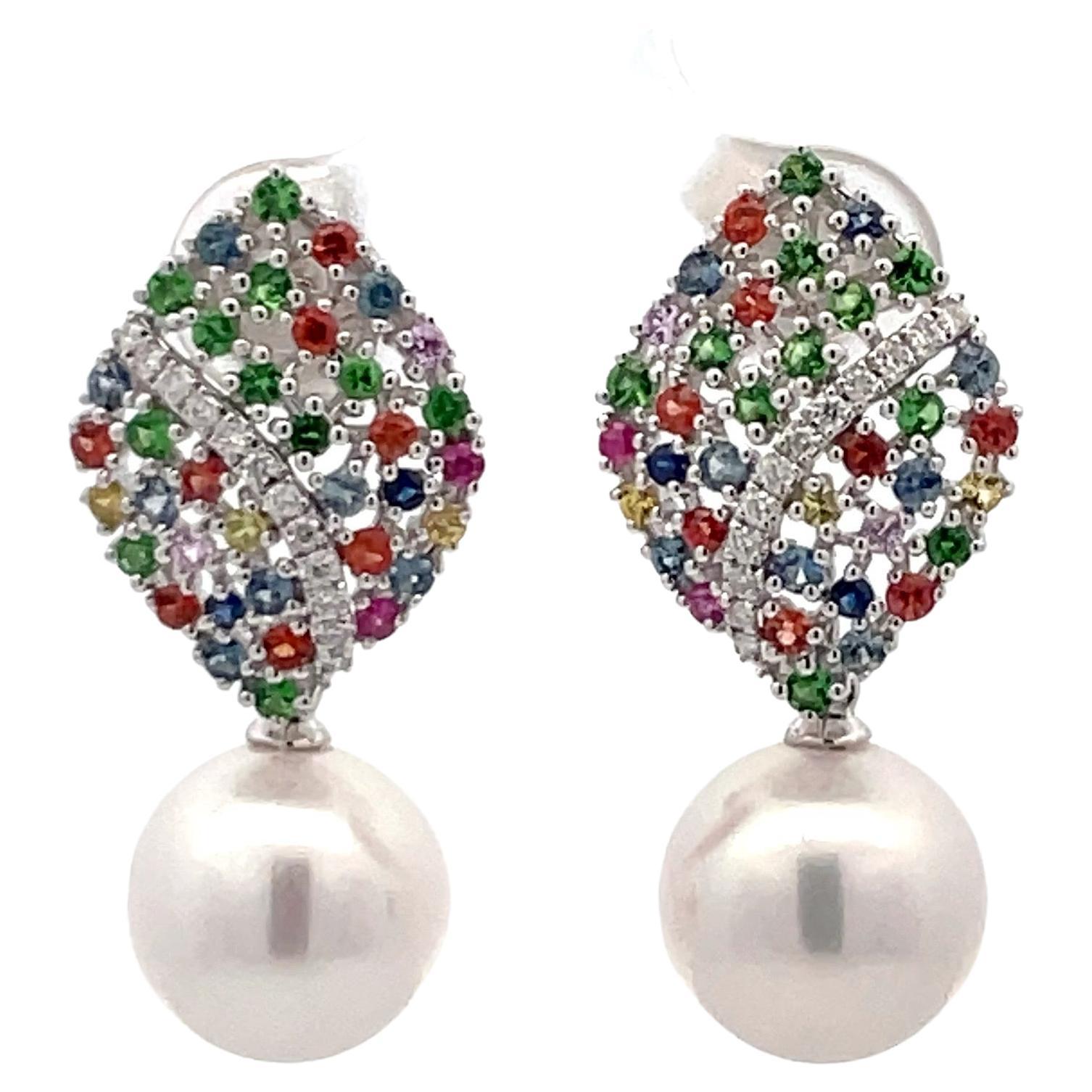 18 Karat White Gold Multi Sapphire Freshwater Diamond Drop Earrings 1.32 Carats For Sale