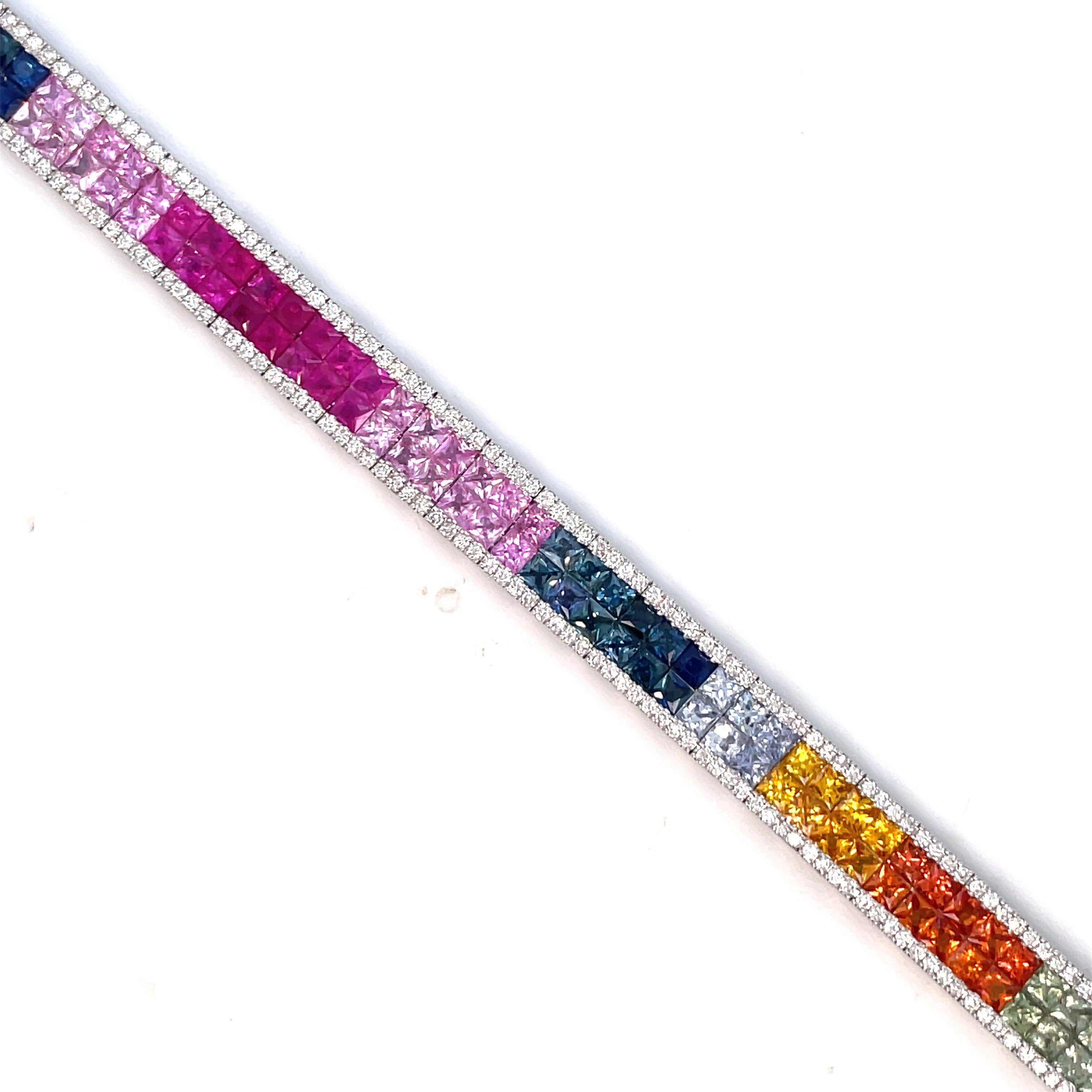 18 Karat White Gold Multi Sapphire Rainbow Bracelet 18.16 Carats 22.37 Grams 12