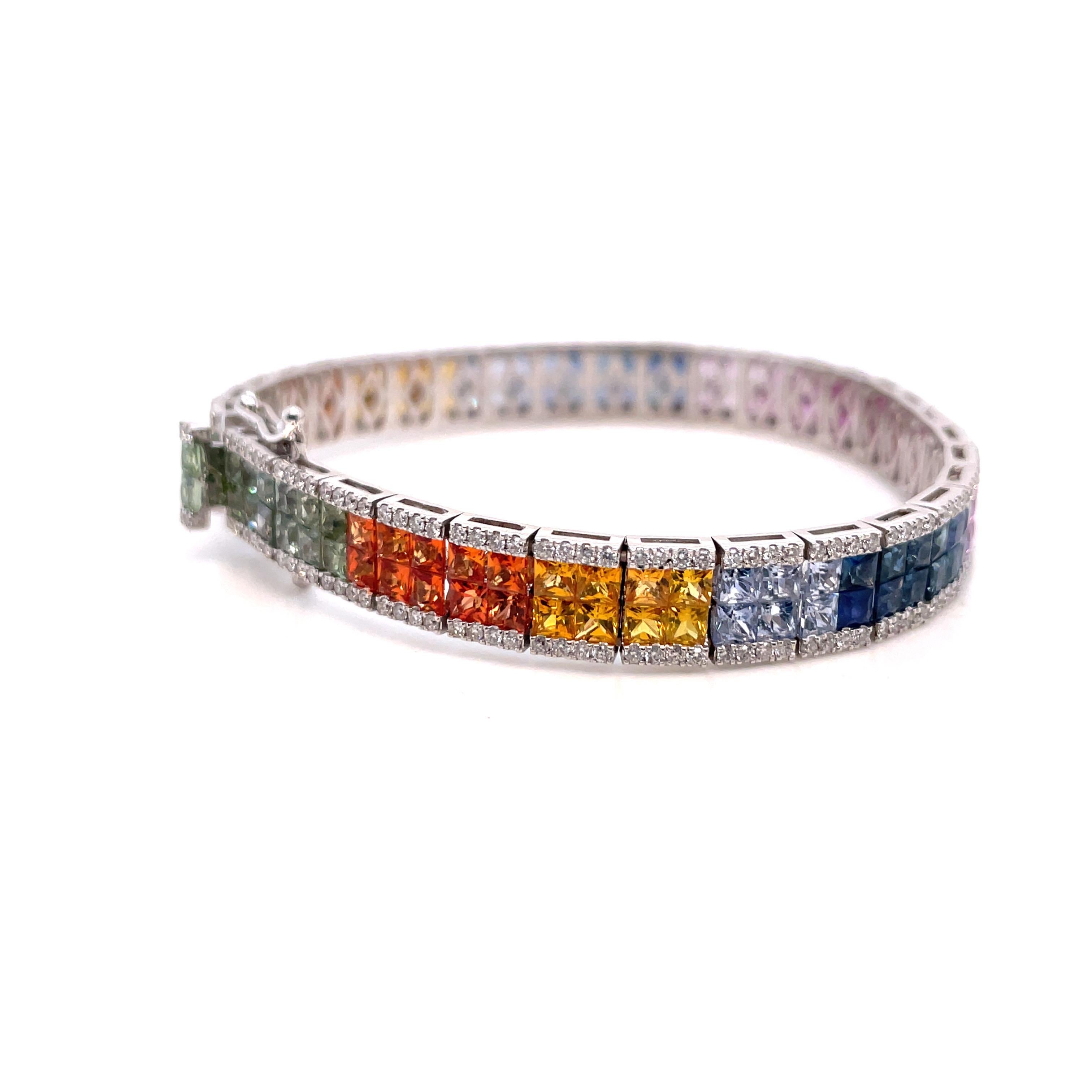 Princess Cut 18 Karat White Gold Multi Sapphire Rainbow Bracelet 18.16 Carats 22.37 Grams