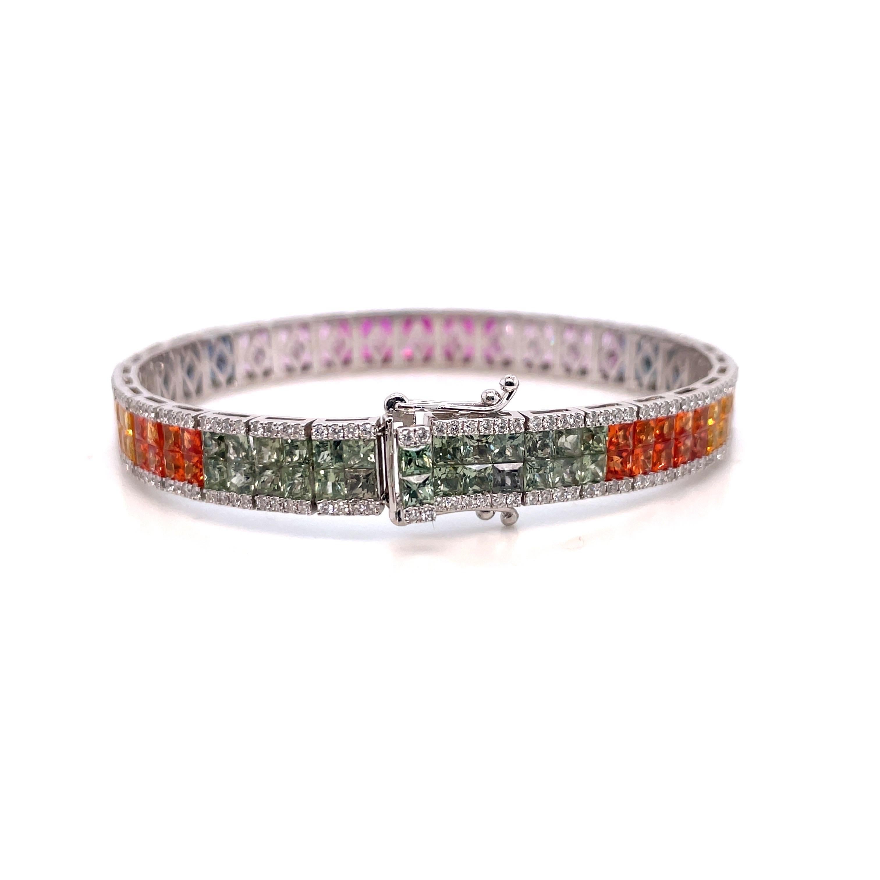 18 Karat White Gold Multi Sapphire Rainbow Bracelet 18.16 Carats 22.37 Grams In New Condition In New York, NY