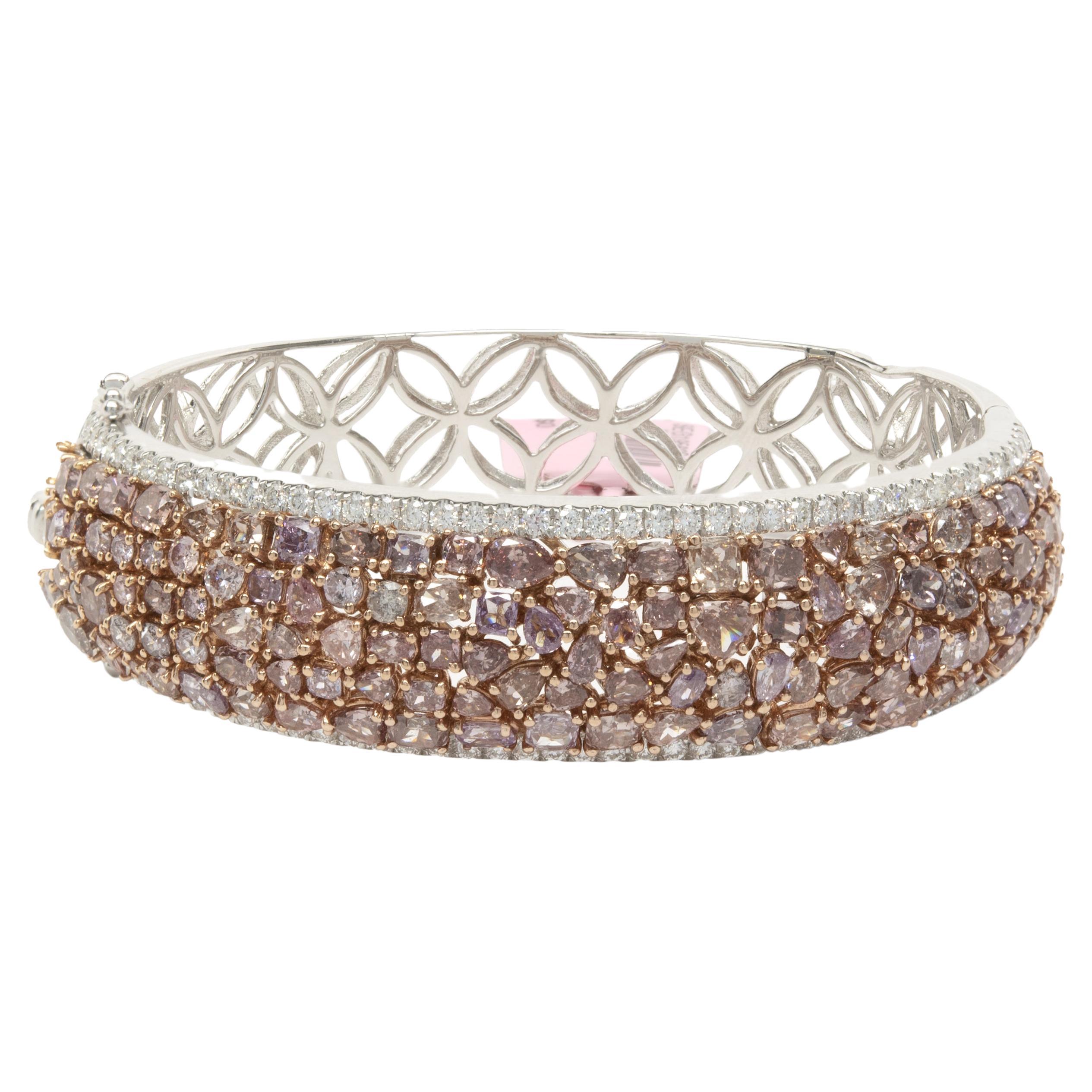 18 Karat White Gold Multi Shape Fancy Pink Diamond Wide Bangle Bracelet