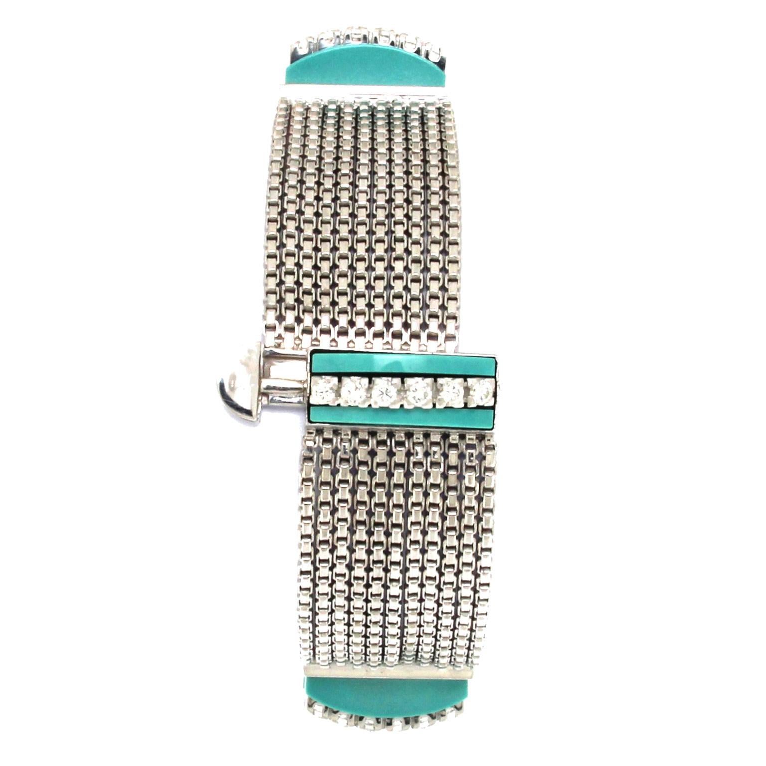 Mixed Cut 18 Karat White Gold Multichain Bracelet with Diamonds and Turquoise For Sale
