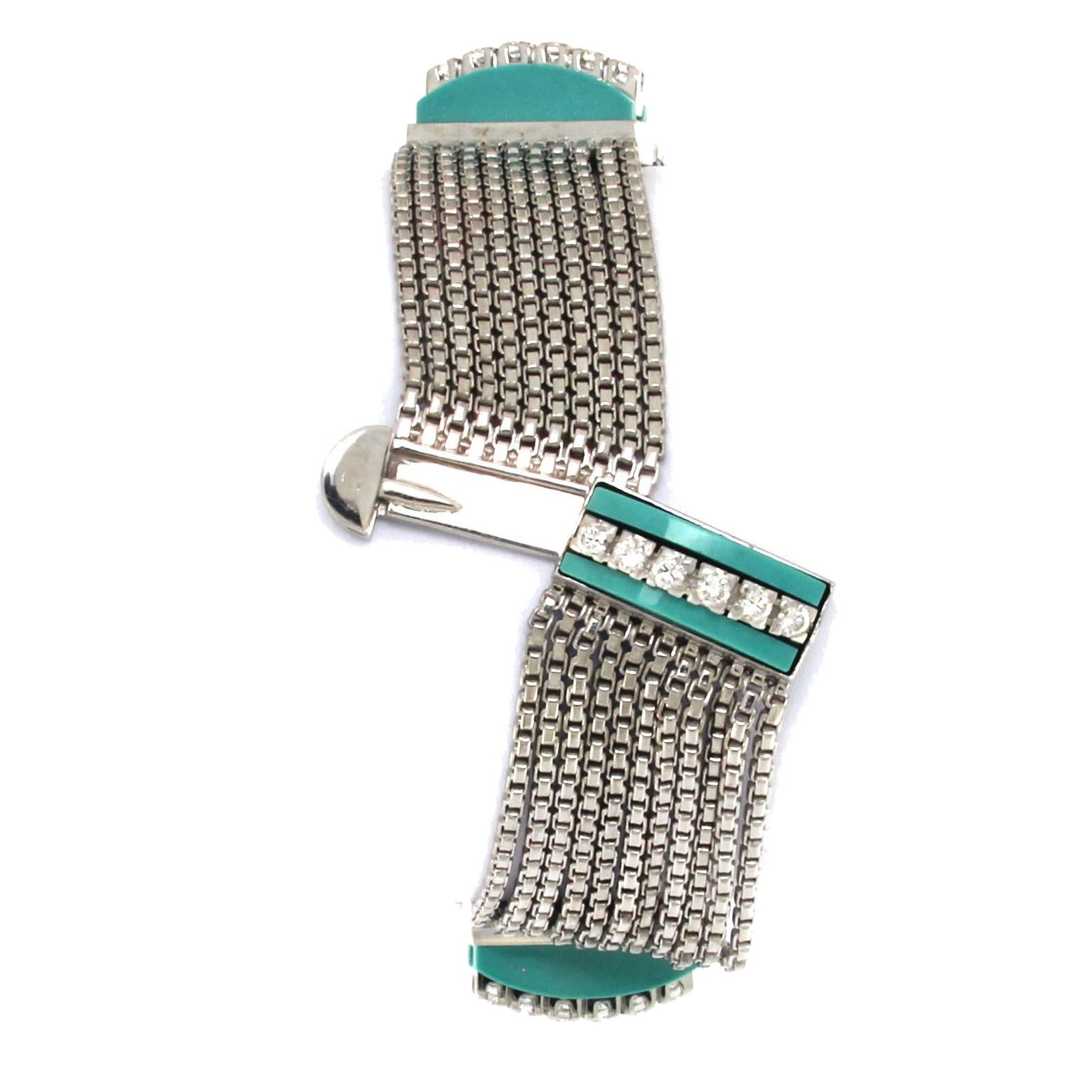Bracelet multi-chaînes en or blanc 18 carats avec diamants et turquoise Excellent état - En vente à Milano, Lombardia