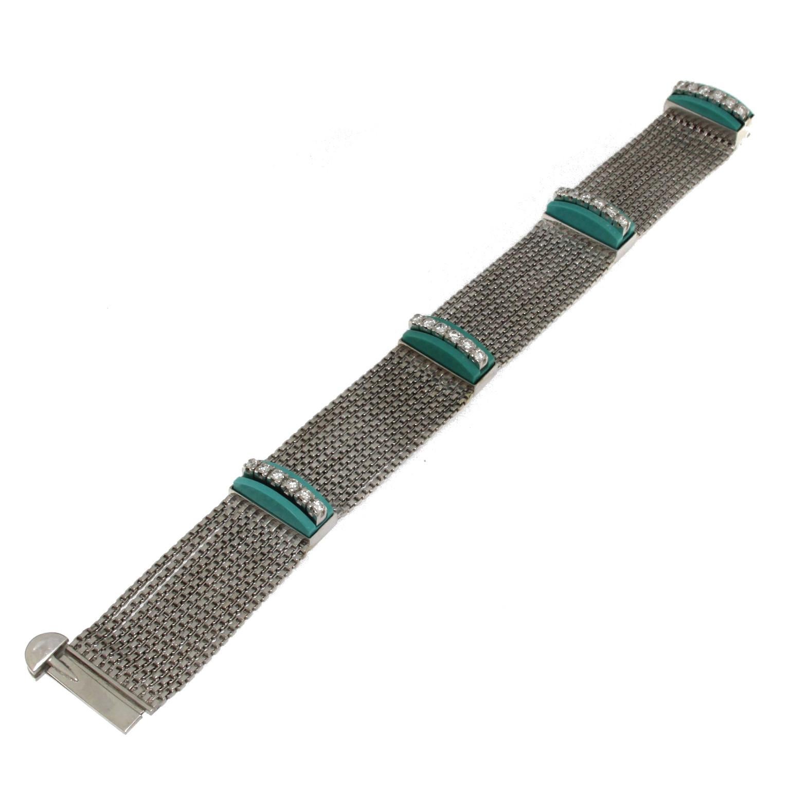 Women's or Men's 18 Karat White Gold Multichain Bracelet with Diamonds and Turquoise For Sale