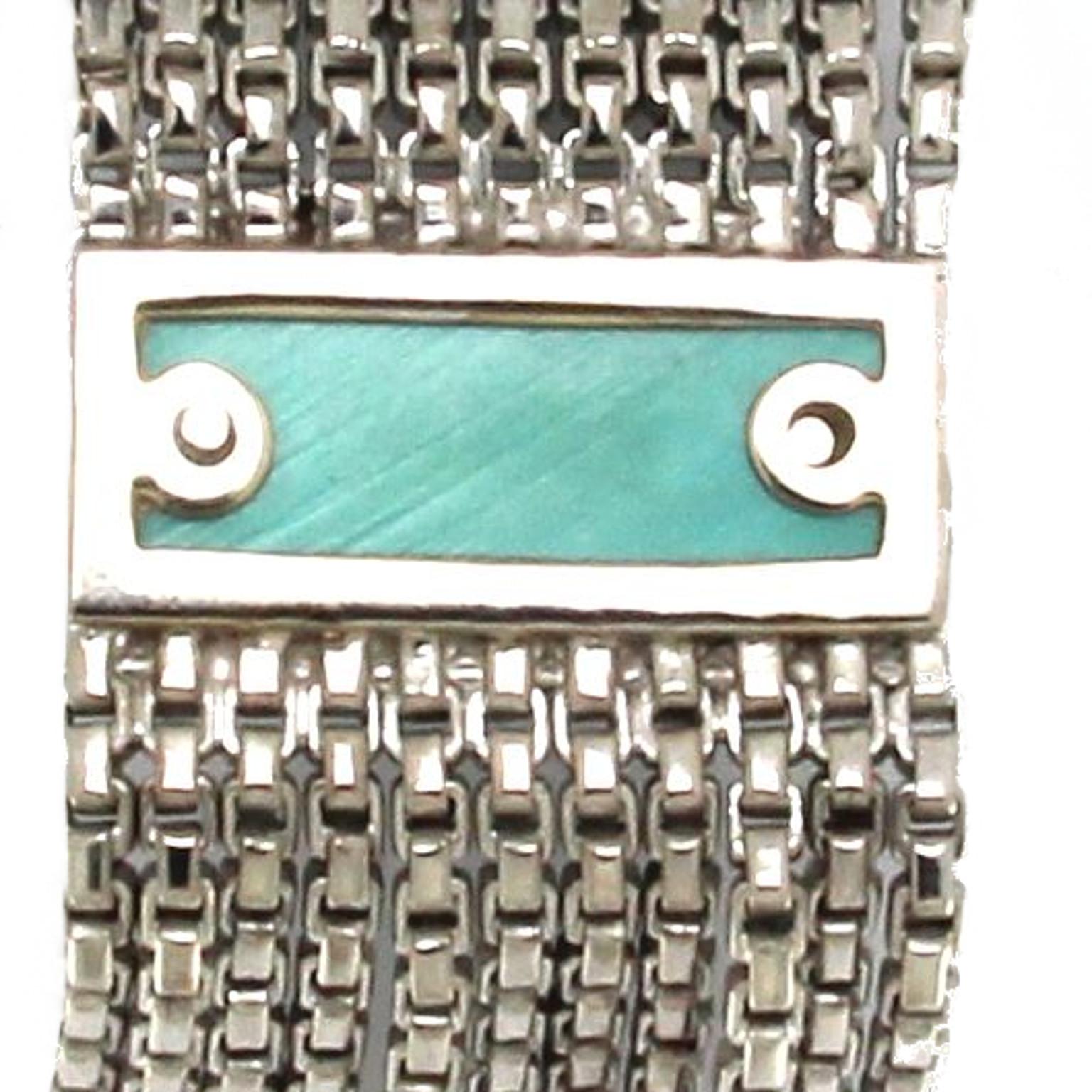 18 Karat White Gold Multichain Bracelet with Diamonds and Turquoise For Sale 1