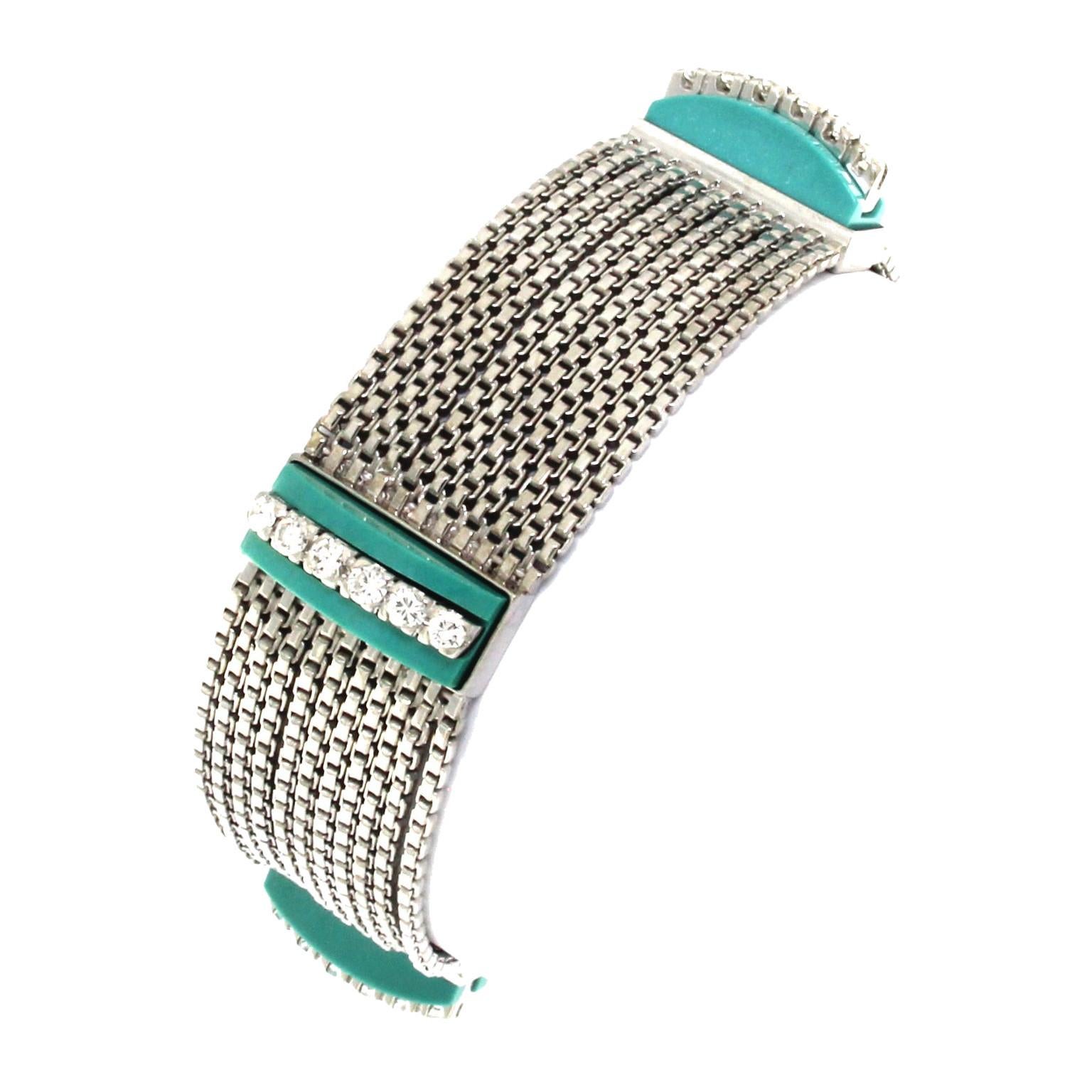 18 Karat White Gold Multichain Bracelet with Diamonds and Turquoise For Sale
