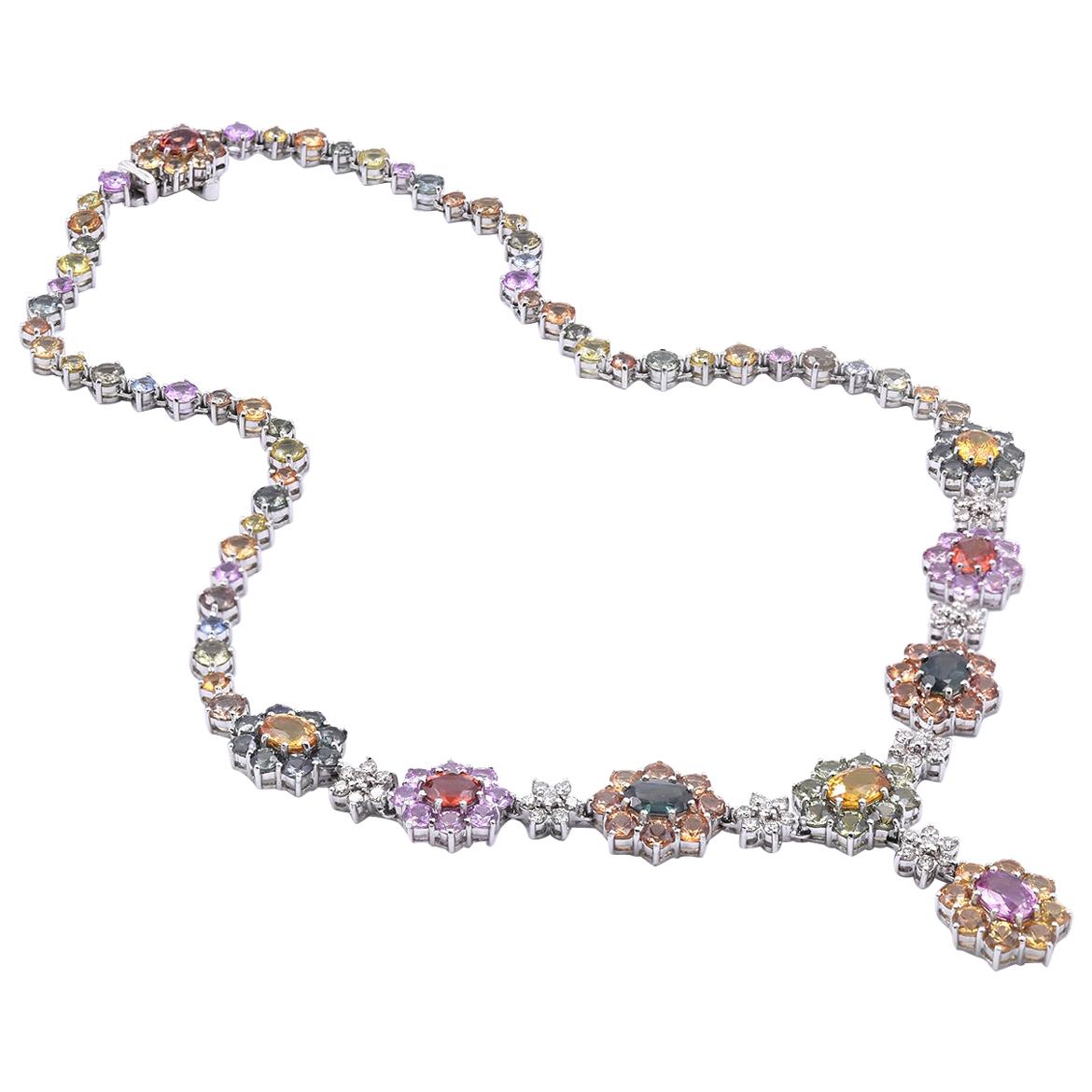 18 Karat White Gold Multicolored Sapphire and Diamond Floral Necklace For Sale