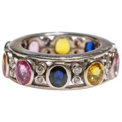 18 Karat White Gold Multicolour Oval Sapphires Eternity Band Ring with Diamonds