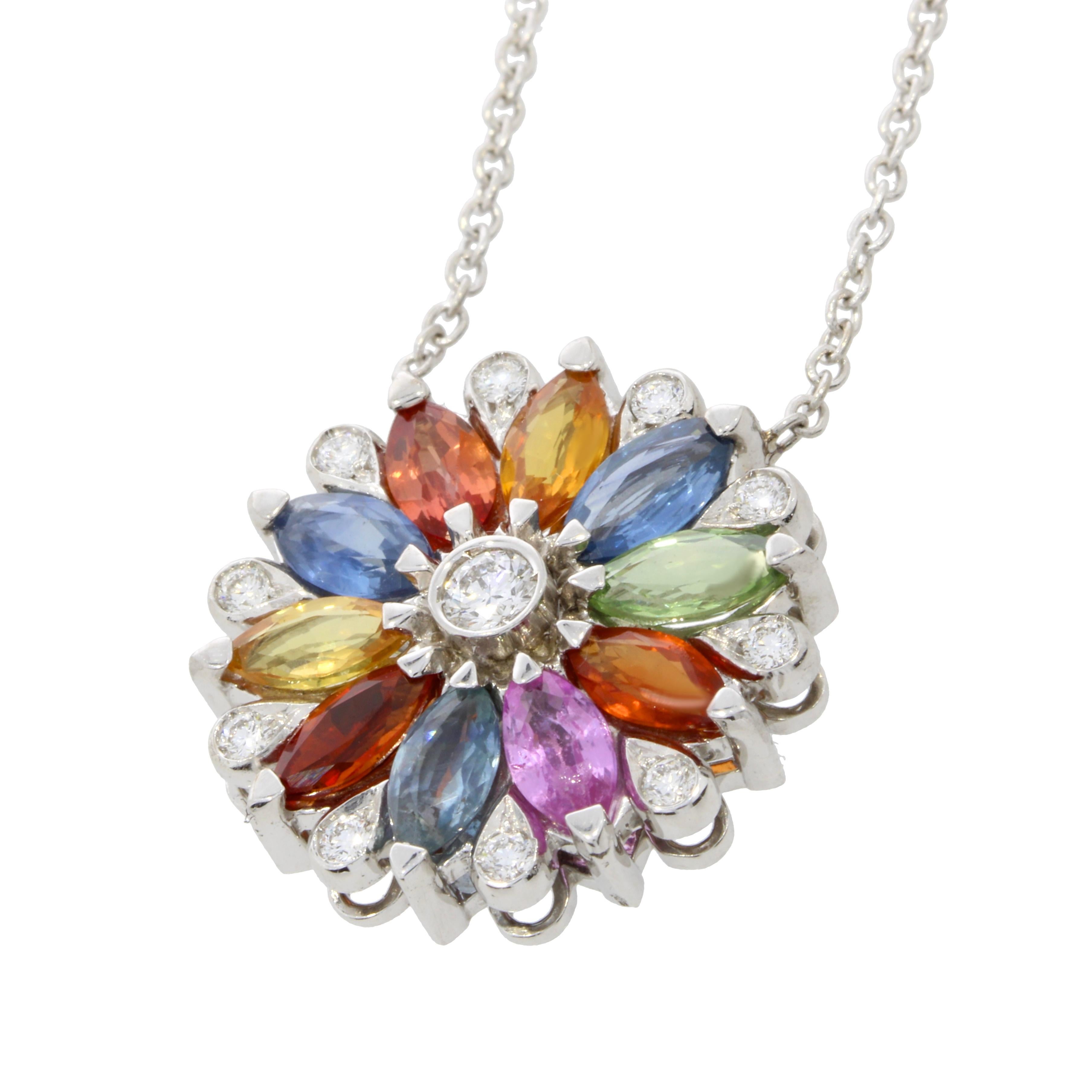 An elegant wreath of petals suspended on a delicate chain is bought to life with captivating marquise cut multi-coloured sapphires surrounded by brilliant cut diamonds and a central Diamond.

Multicoloured Sapphires Dalia Small Pendant
18 karat