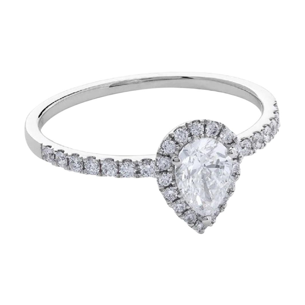 18 Karat White Gold Mye Pear Halo Diamond Ring For Sale