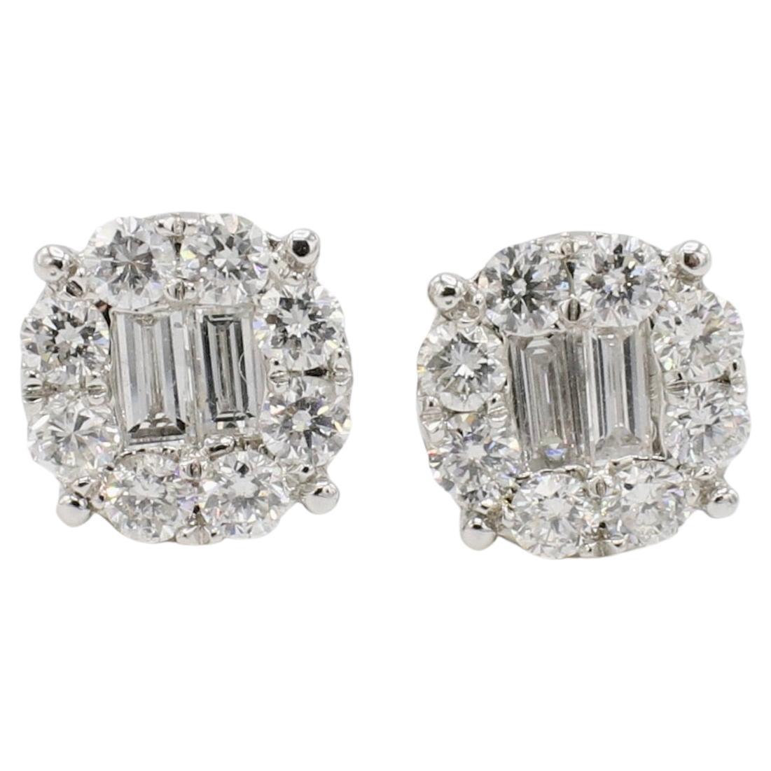 18 Karat White Gold Natural Baguette & Round Diamond Cluster Stud Earrings  For Sale