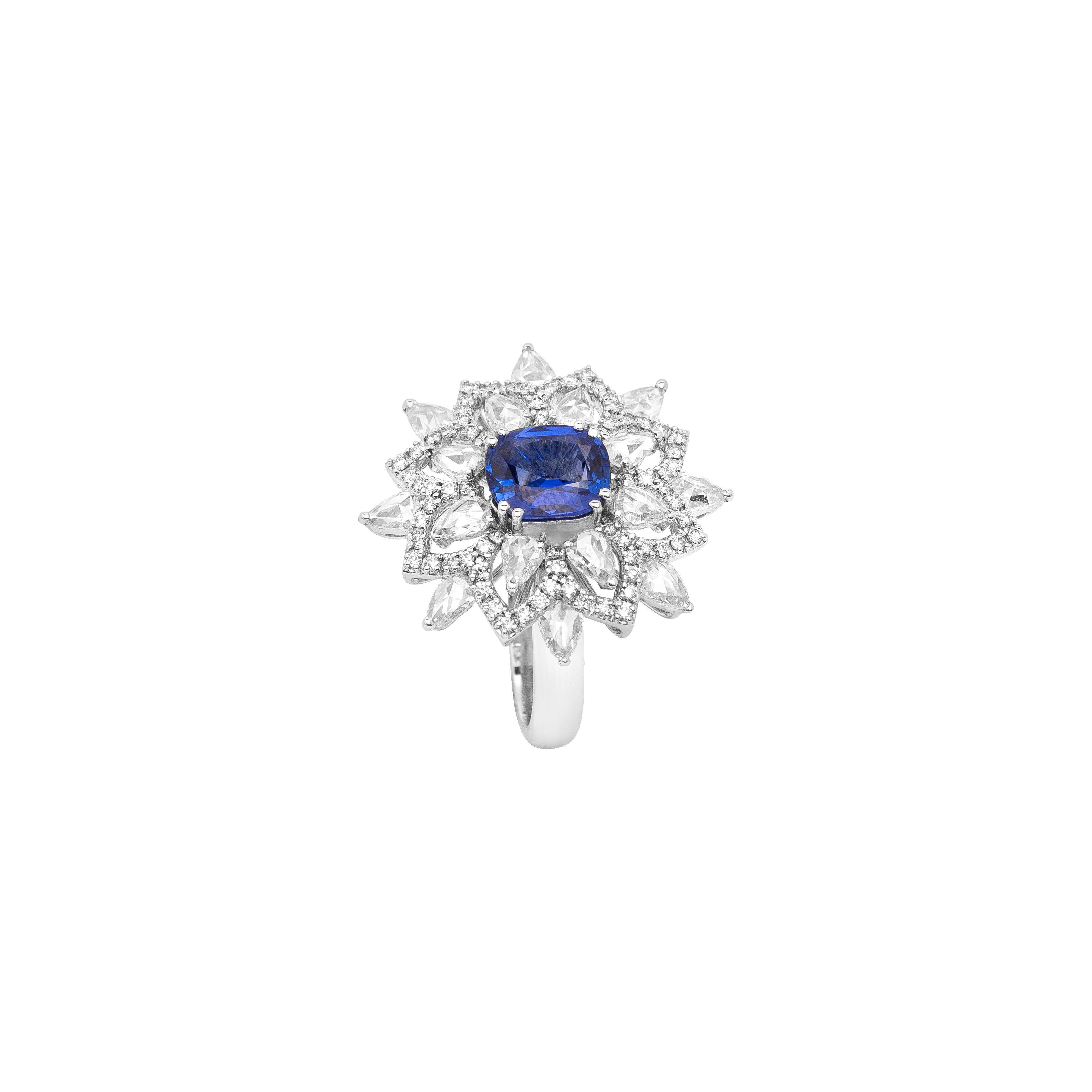 18 Karat White Gold Natural Blue Sapphire and Diamond Cocktail Ring

Beautiful Ceylon natural blue sapphire surrounded by a mix of white rose cut & brilliant cut diamonds (VVS-VS Purity) set in 18 karat white gold.

GII Cert No :