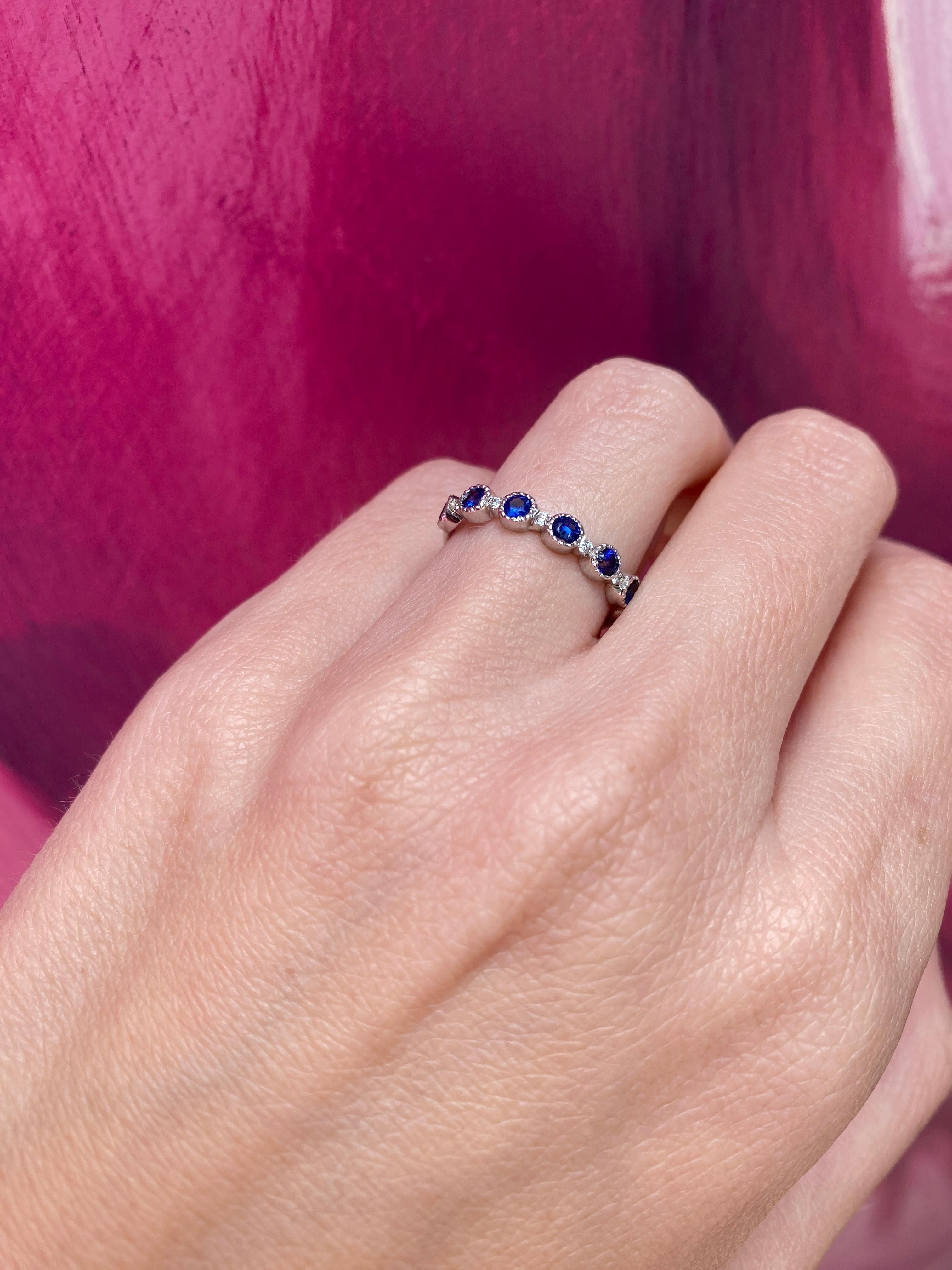 18 Karat White Gold Natural Blue Sapphire & Natural Diamond Stacking Band 7