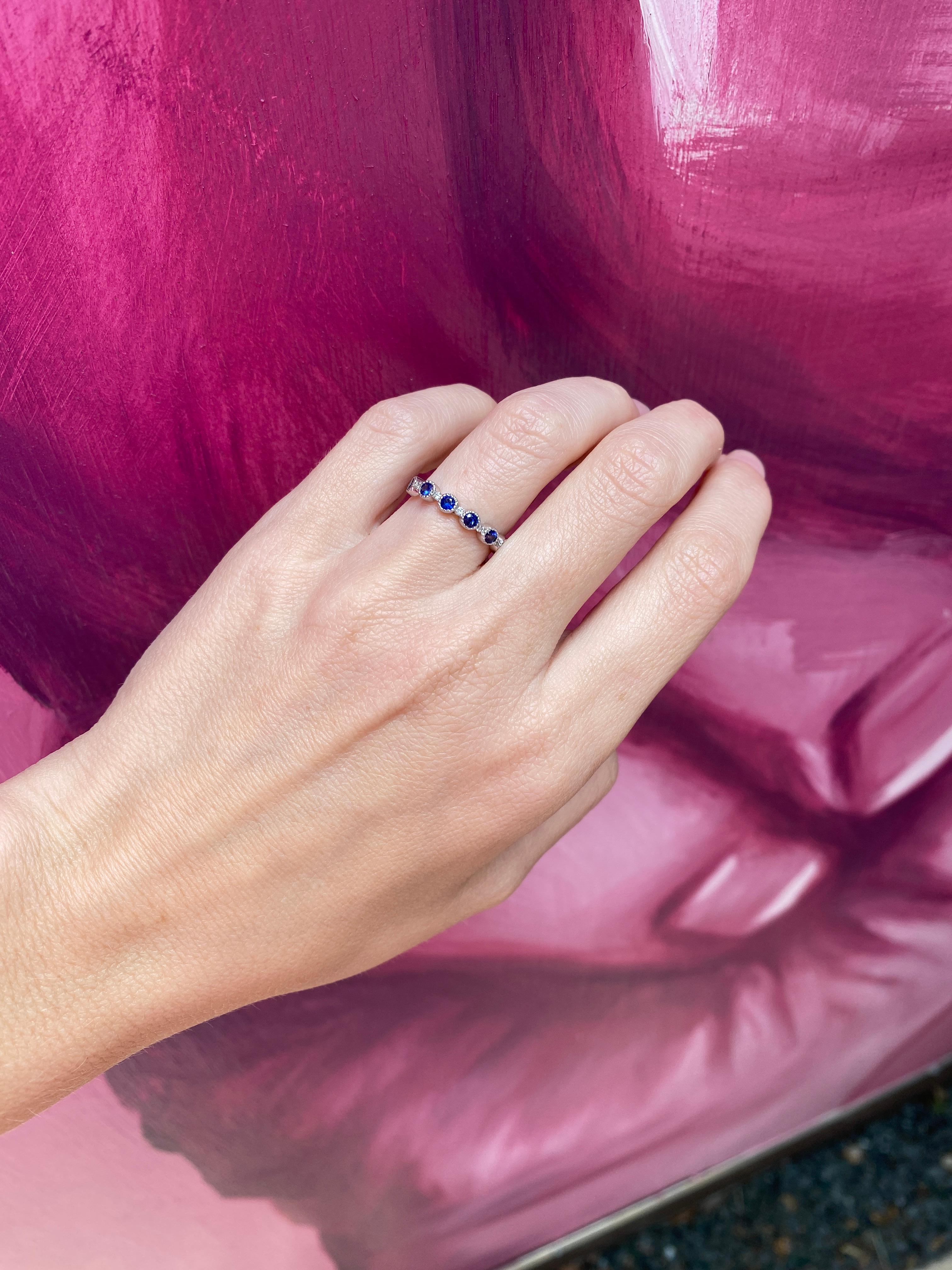 18 Karat White Gold Natural Blue Sapphire & Natural Diamond Stacking Band 11