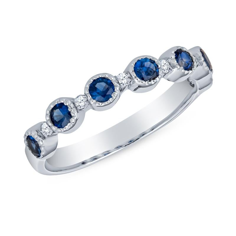 Round Cut 18 Karat White Gold Natural Blue Sapphire & Natural Diamond Stacking Band