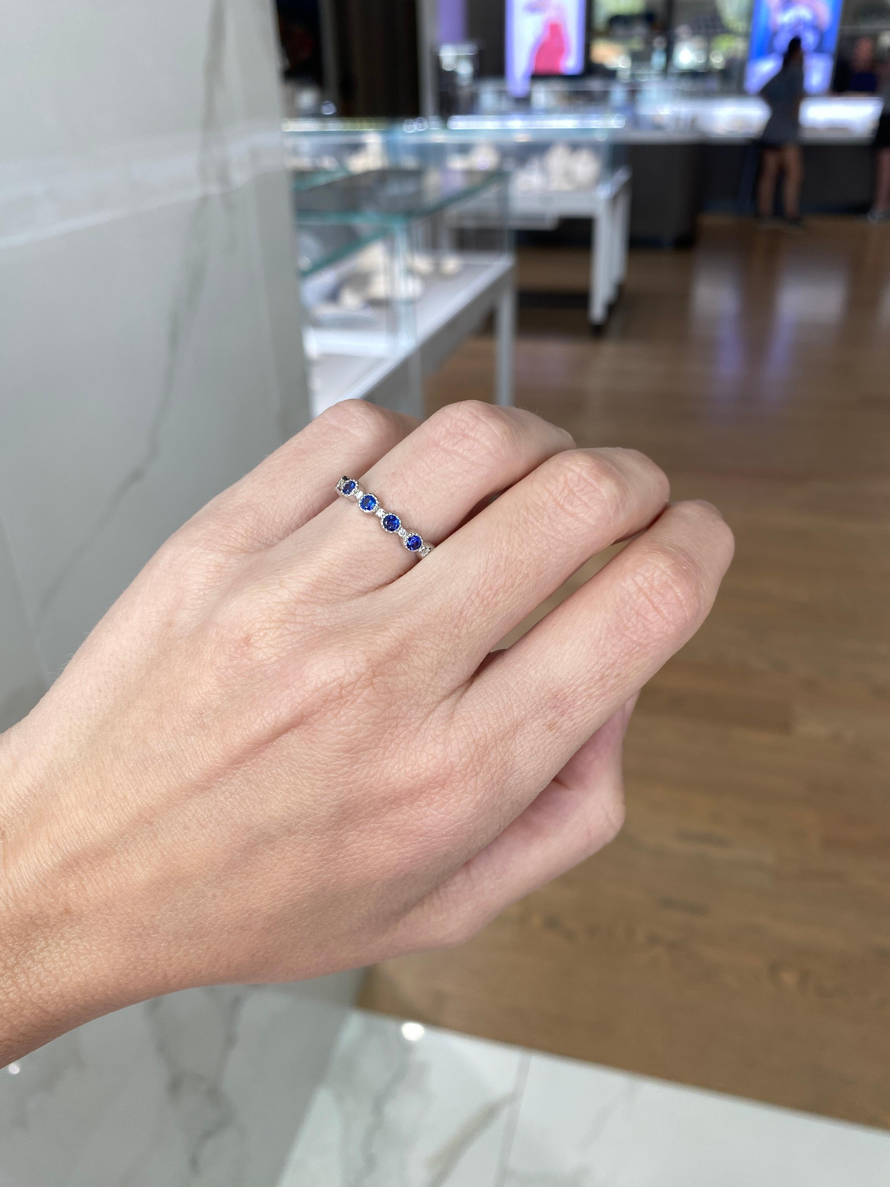 Women's 18 Karat White Gold Natural Blue Sapphire & Natural Diamond Stacking Band