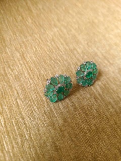 18 Karat White Gold, Natural Cut Oval & Carved Emerald and Diamond Stud Earrings