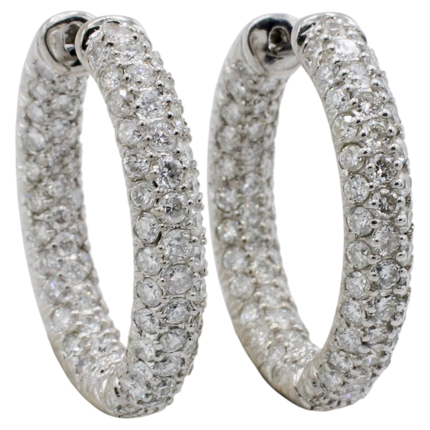 Pendientes de aro de oro blanco de 18 quilates con diamante natural de 2,00 quilates en el interior y el exterior