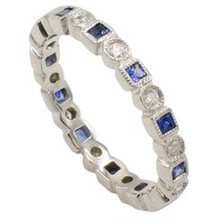 18 Karat White Gold Natural Diamond & Blue Sapphire Band Ring 